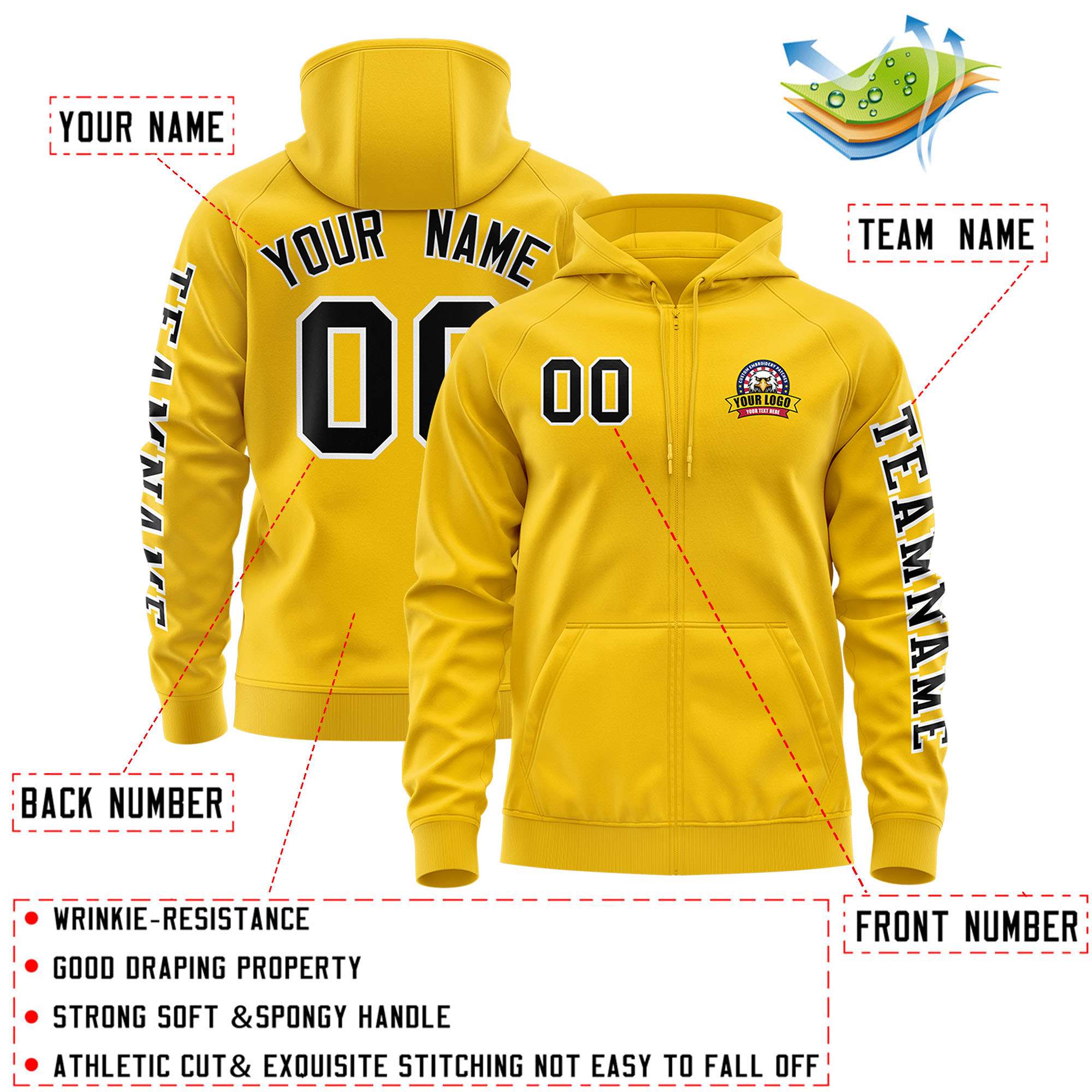 Custom Gold Black Varsity Full-Zip Letterman Classic Hoodie Jacket