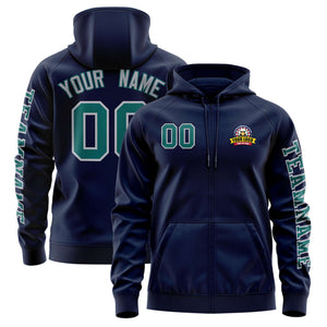 Custom Navy Aqua Varsity Full-Zip Letterman Classic Hoodie Jacket