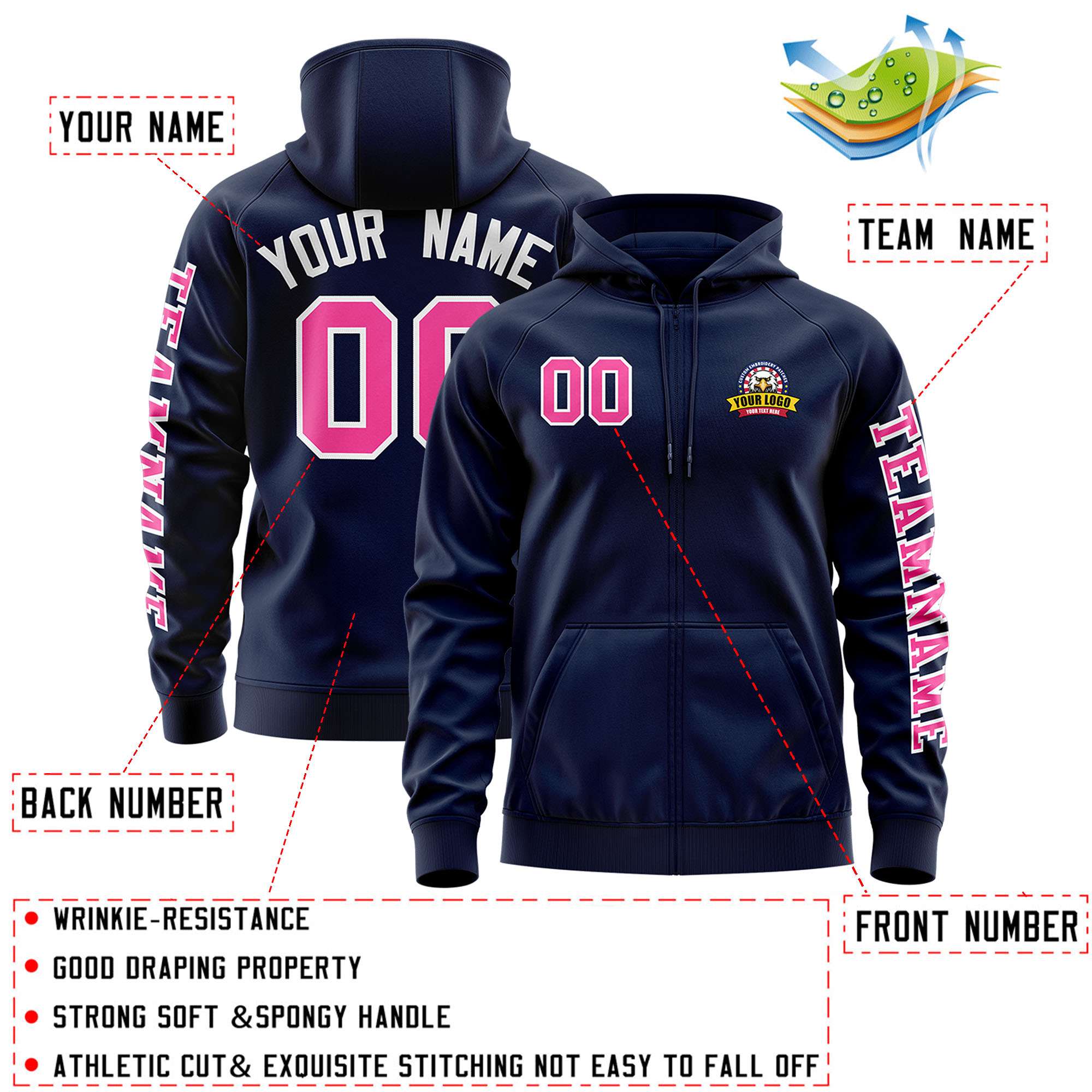 Custom Navy Pink Varsity Full-Zip Letterman Classic Hoodie Jacket