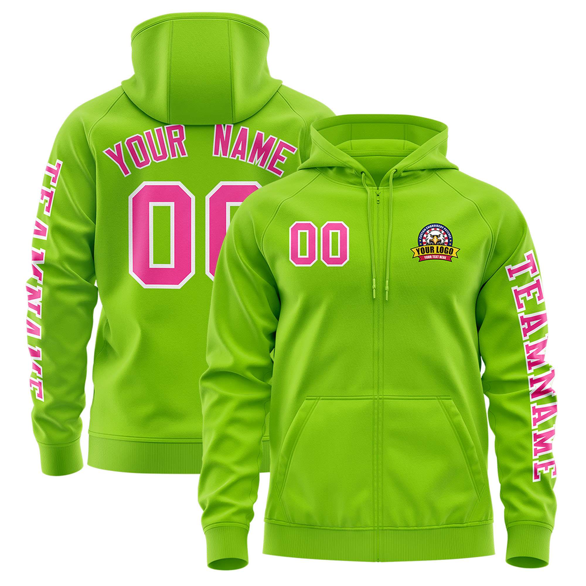 Custom Neon Green Pink Varsity Full-Zip Letterman Classic Hoodie Jacket