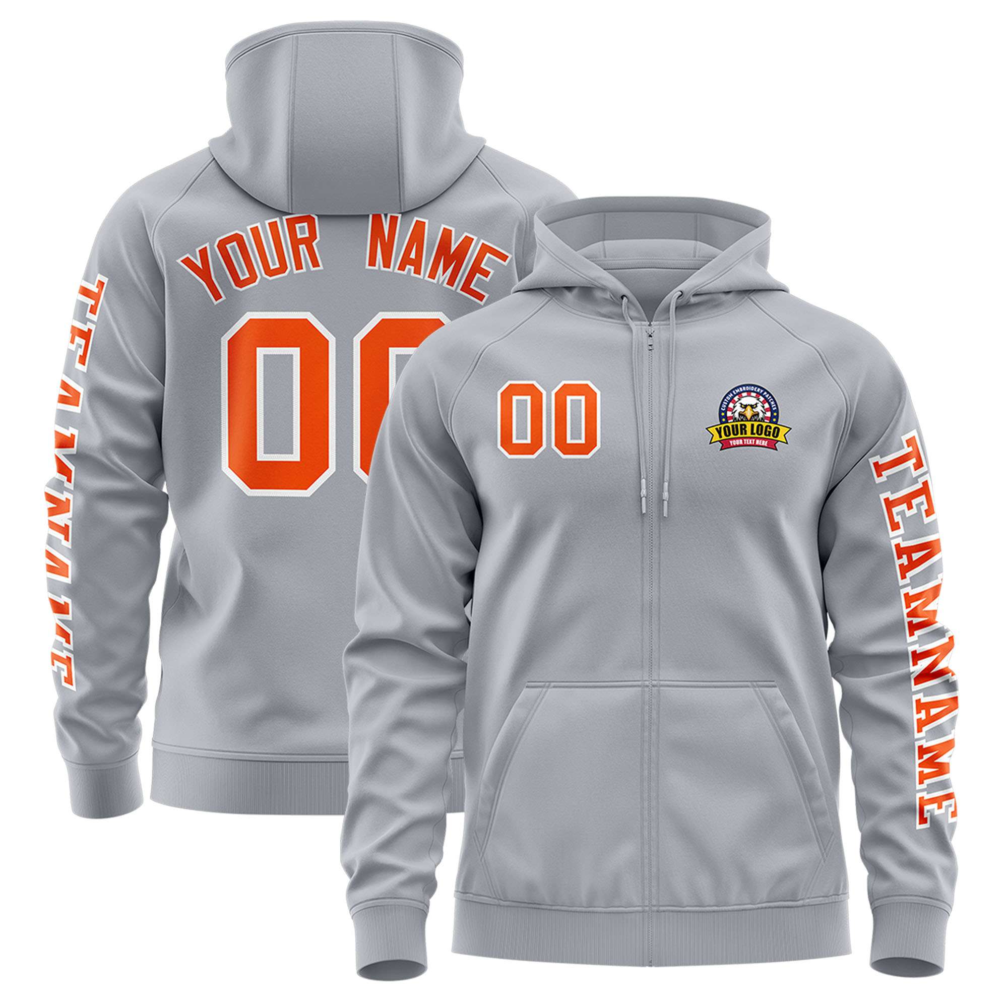 Custom Gray Orange Varsity Full-Zip Letterman Classic Hoodie Jacket