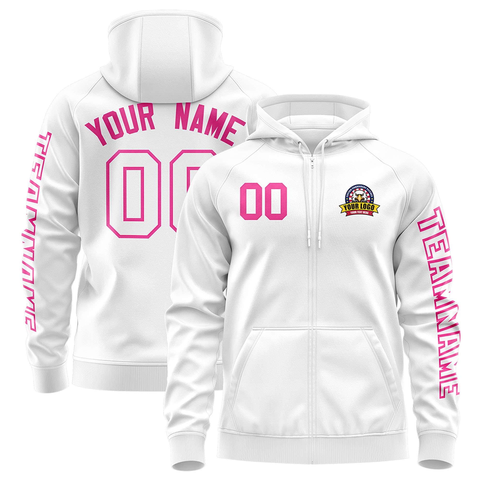 Custom White Pink Varsity Full-Zip Letterman Classic Hoodie Jacket