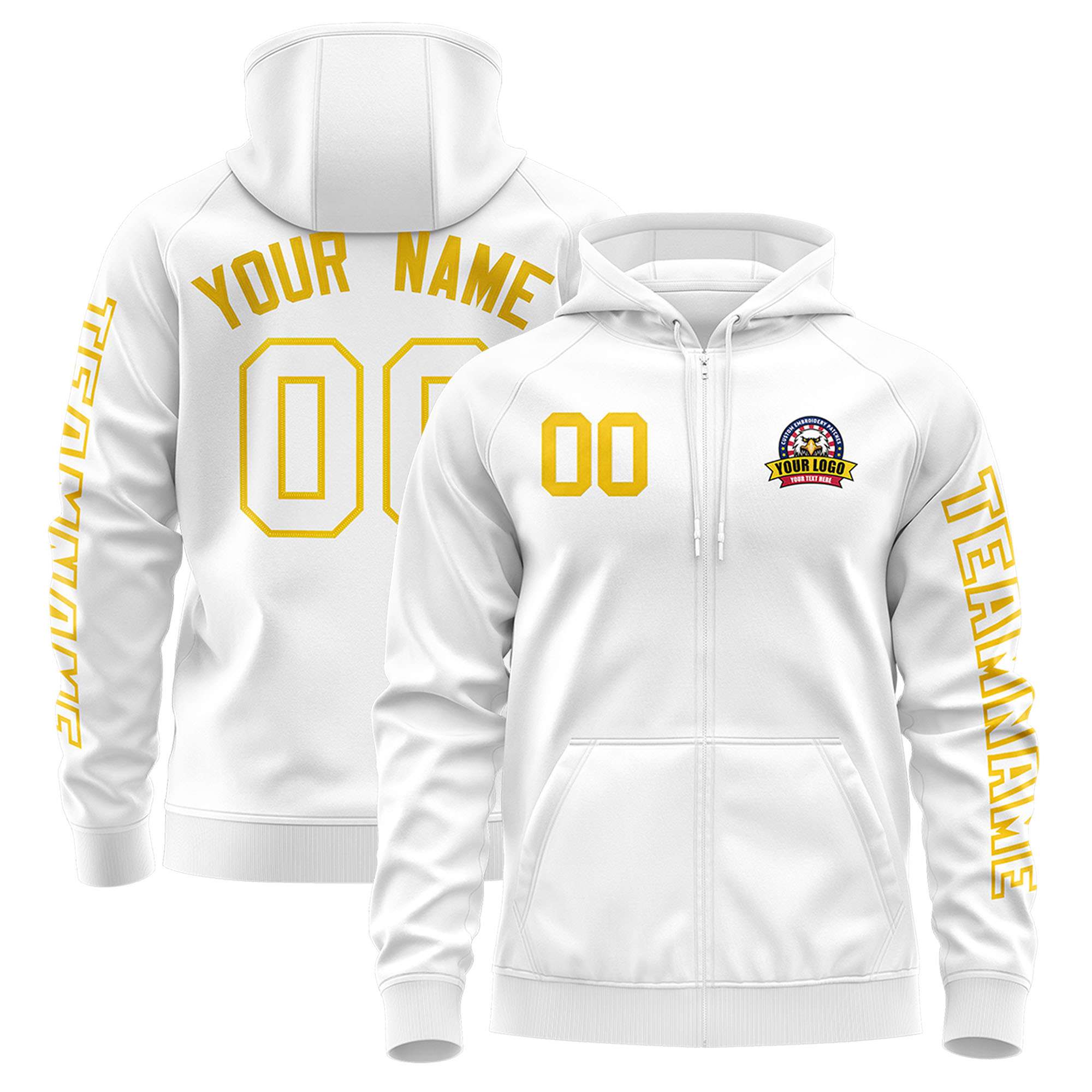 Custom White Gold Varsity Full-Zip Letterman Classic Hoodie Jacket