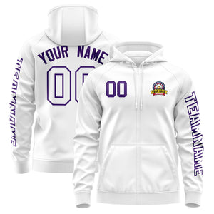 Custom White Purple Varsity Full-Zip Letterman Classic Hoodie Jacket