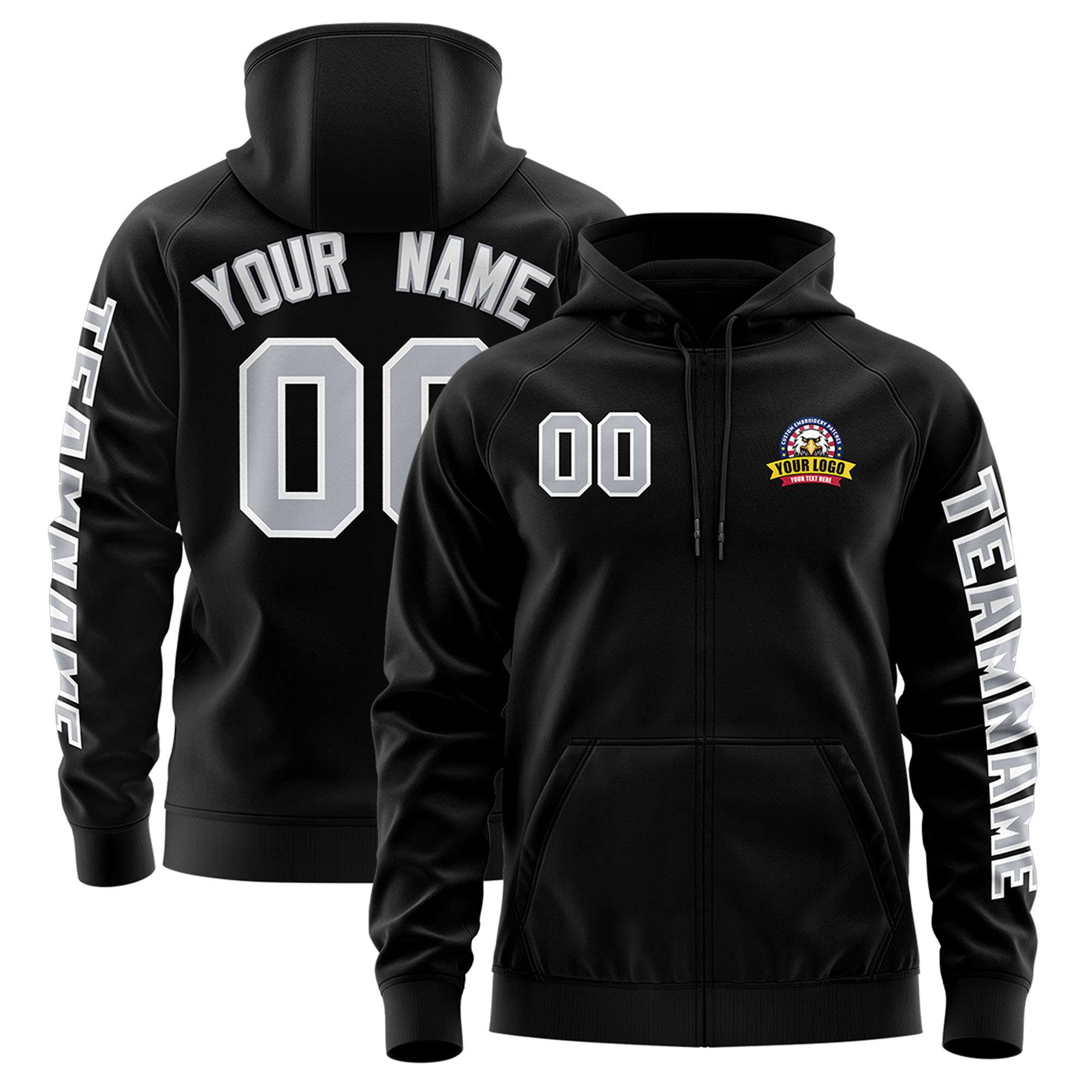 Custom Black Gray Varsity Full-Zip Letterman Classic Hoodie Jacket