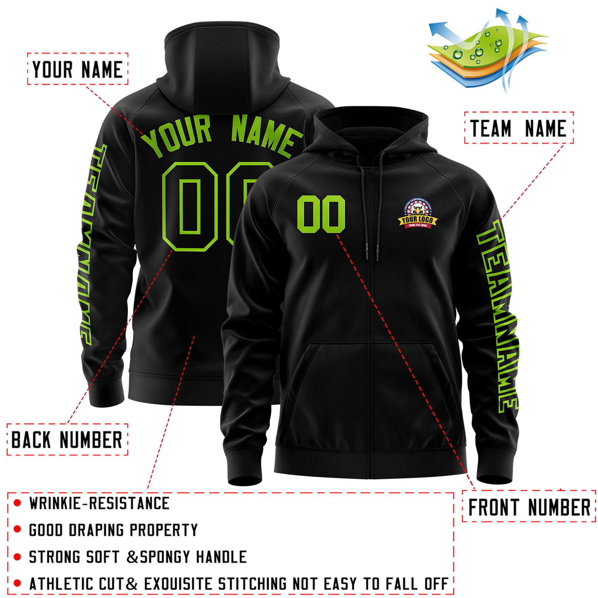 Custom Black Neon Green Varsity Full-Zip Letterman Classic Hoodie Jacket