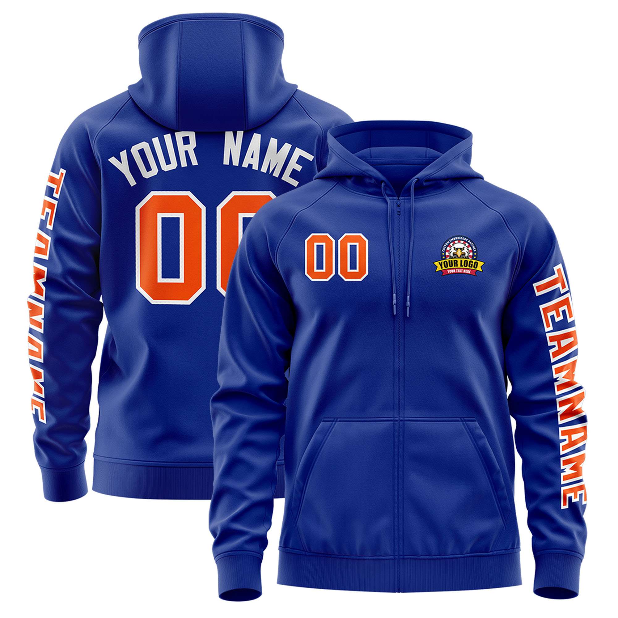 Custom Royal Orange Varsity Full-Zip Letterman Classic Hoodie Jacket