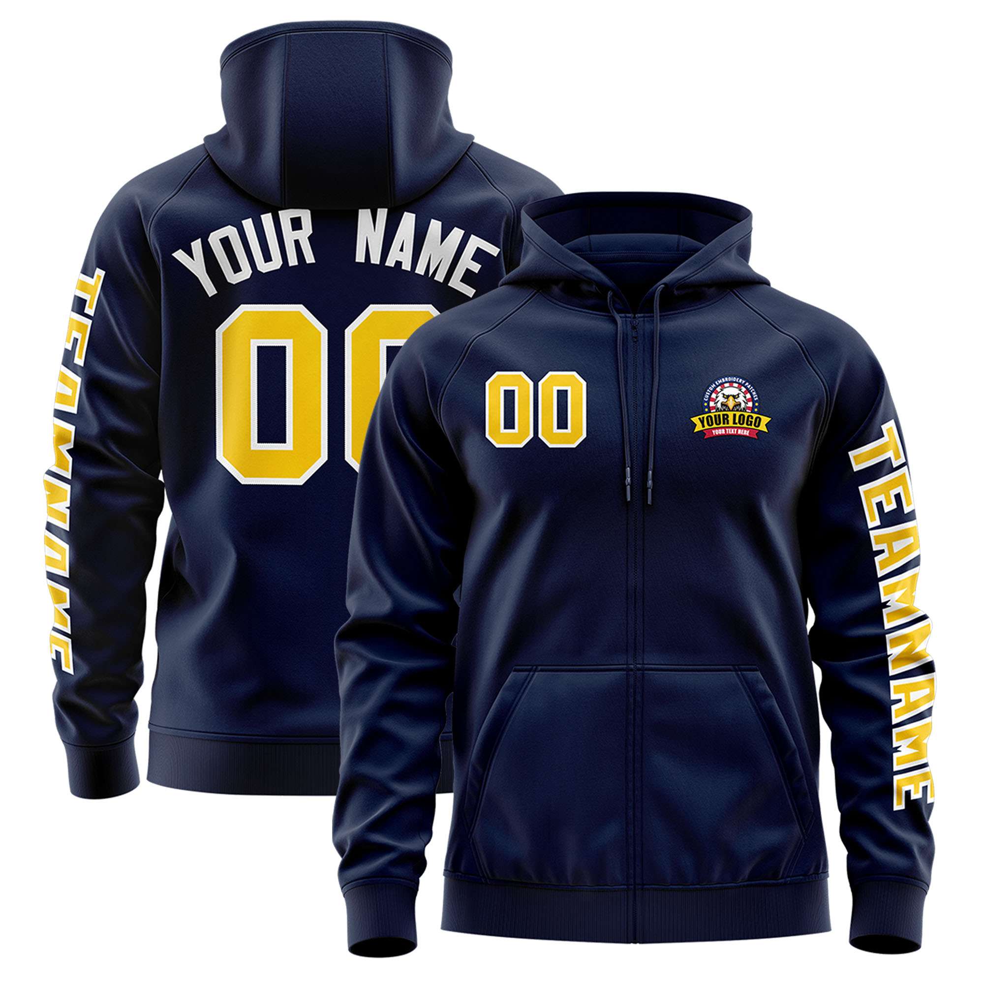 Custom Navy Gold Varsity Full-Zip Letterman Classic Hoodie Jacket