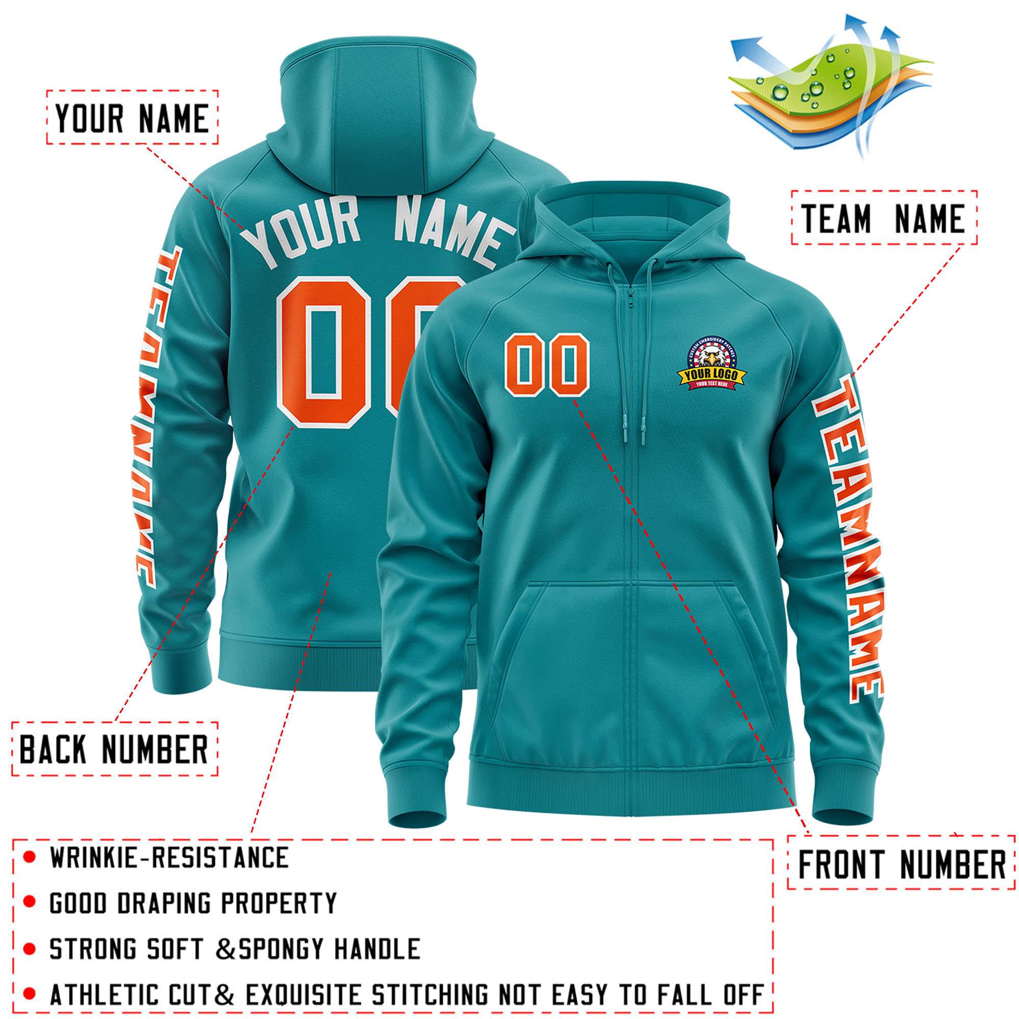 Custom Aqua Orange Varsity Full-Zip Letterman Classic Hoodie Jacket