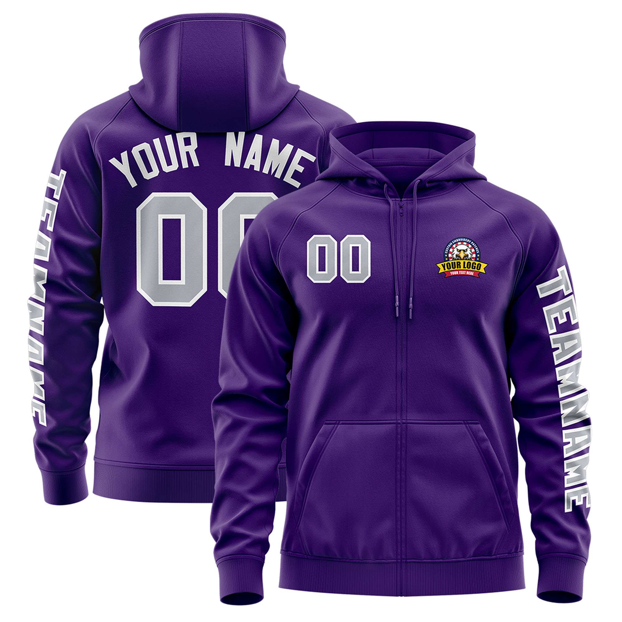 Custom Purple Gray Varsity Full-Zip Letterman Classic Hoodie Jacket