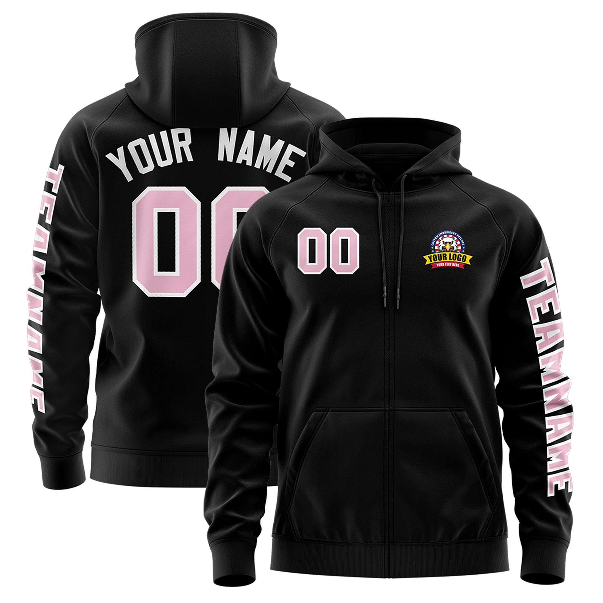 Custom Black Light Pink Varsity Full-Zip Letterman Classic Hoodie Jacket