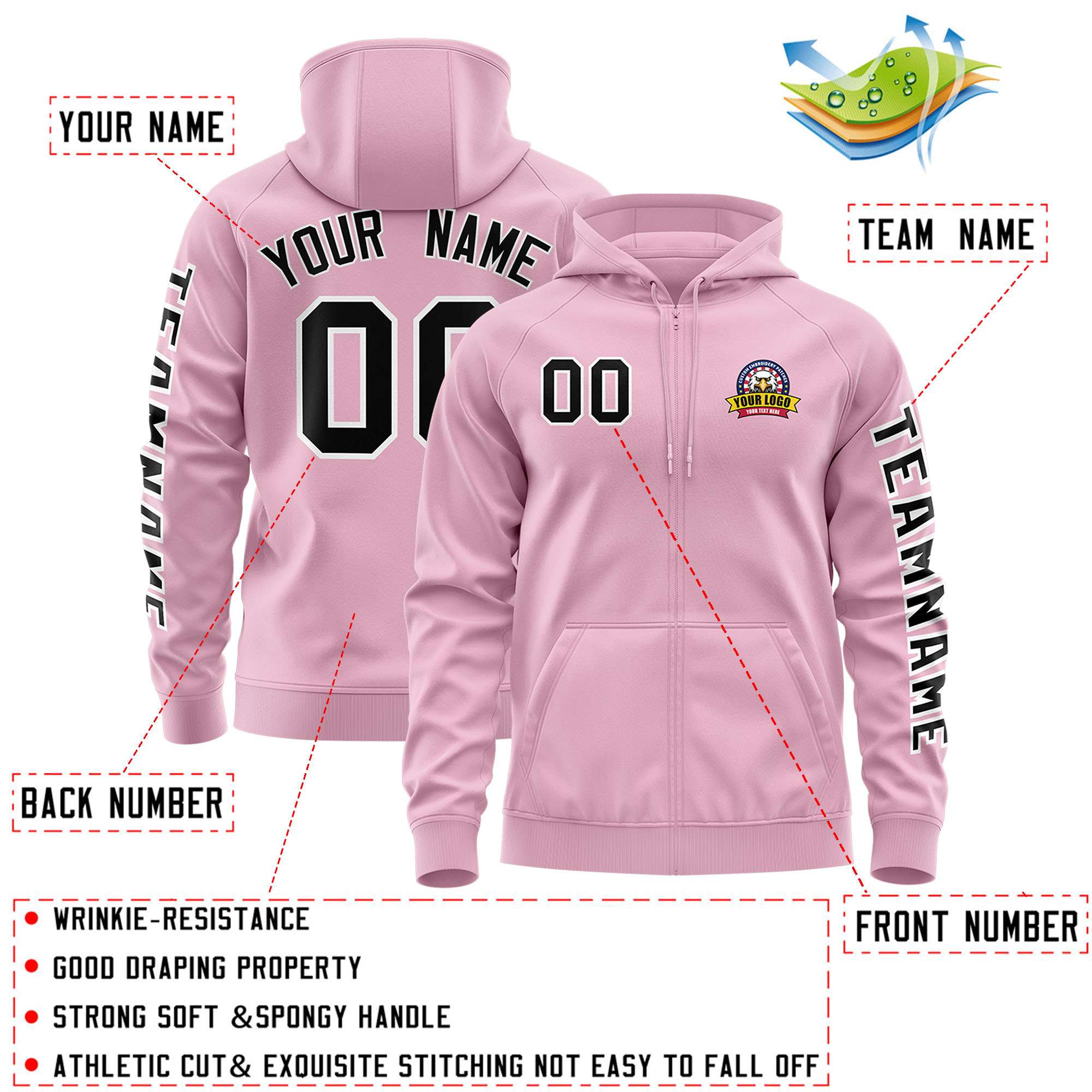 Custom Light Pink Black Varsity Full-Zip Letterman Classic Hoodie Jacket