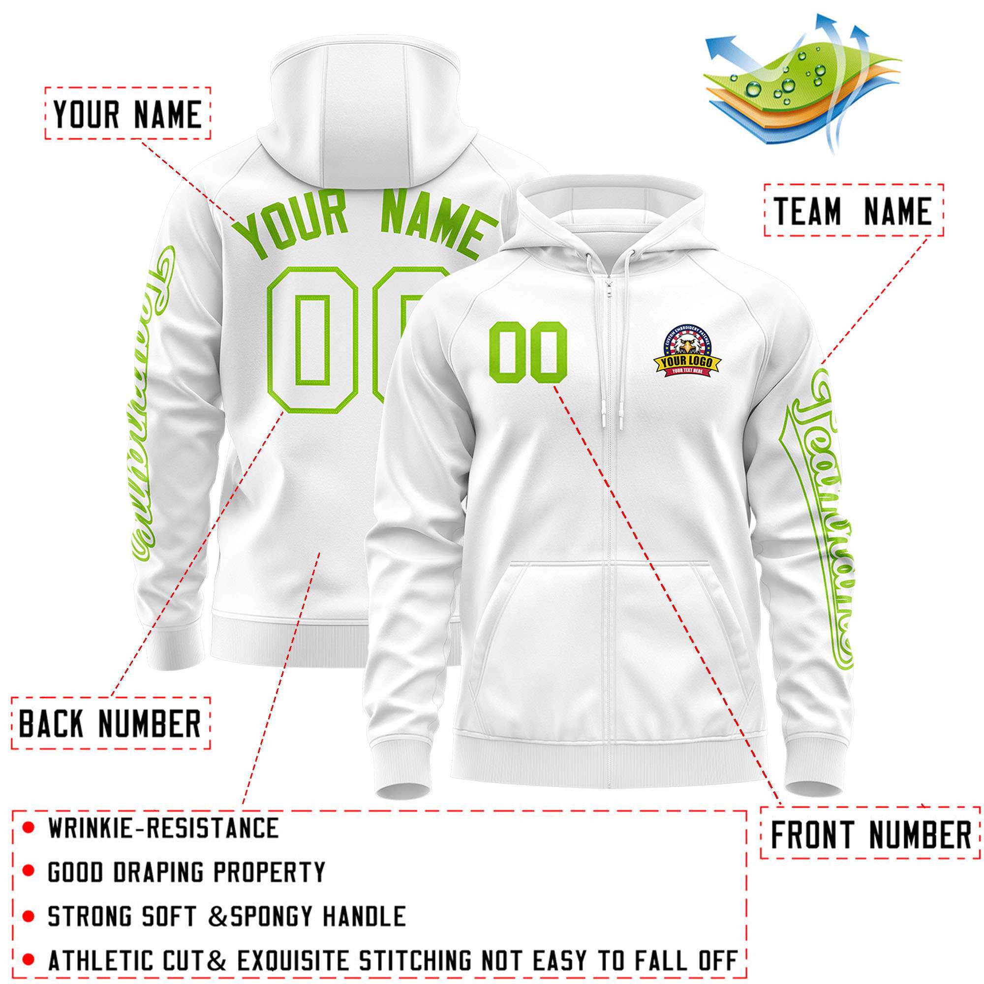 Custom White Neon Green Varsity Full-Zip Letterman Classic Hoodie Jacket