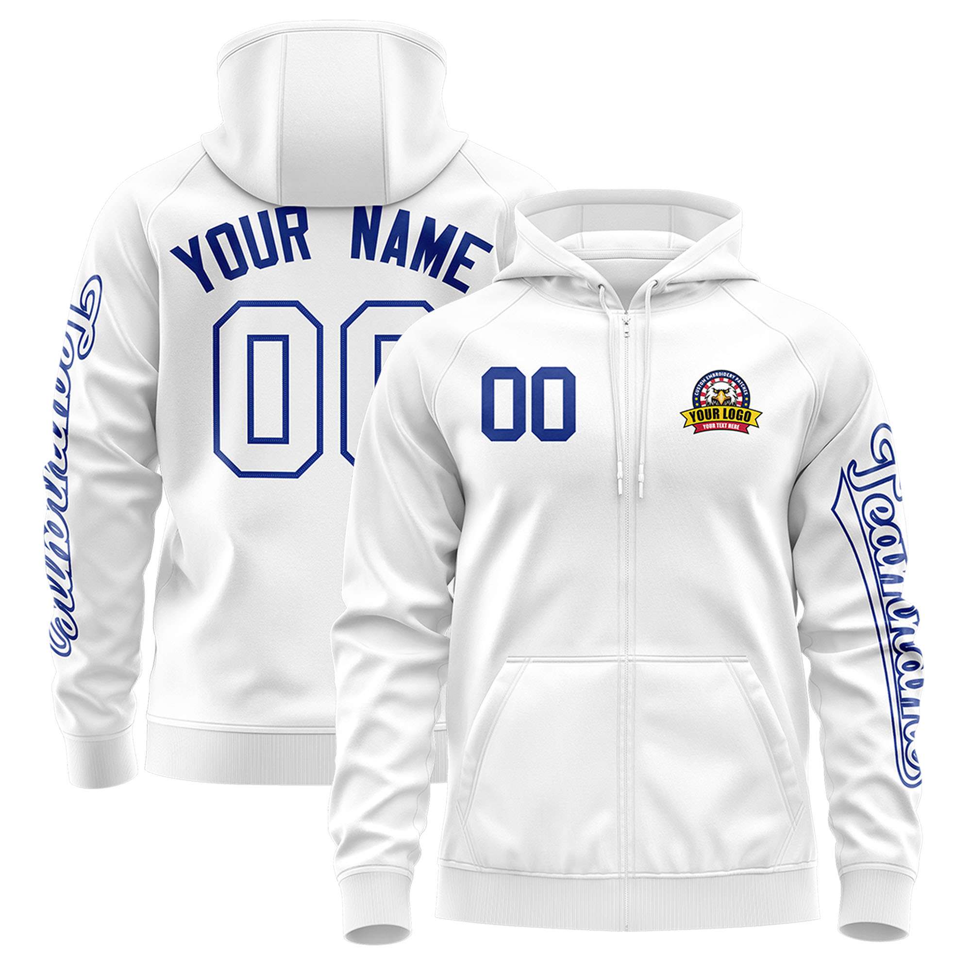 Custom White Royal Varsity Full-Zip Letterman Classic Hoodie Jacket