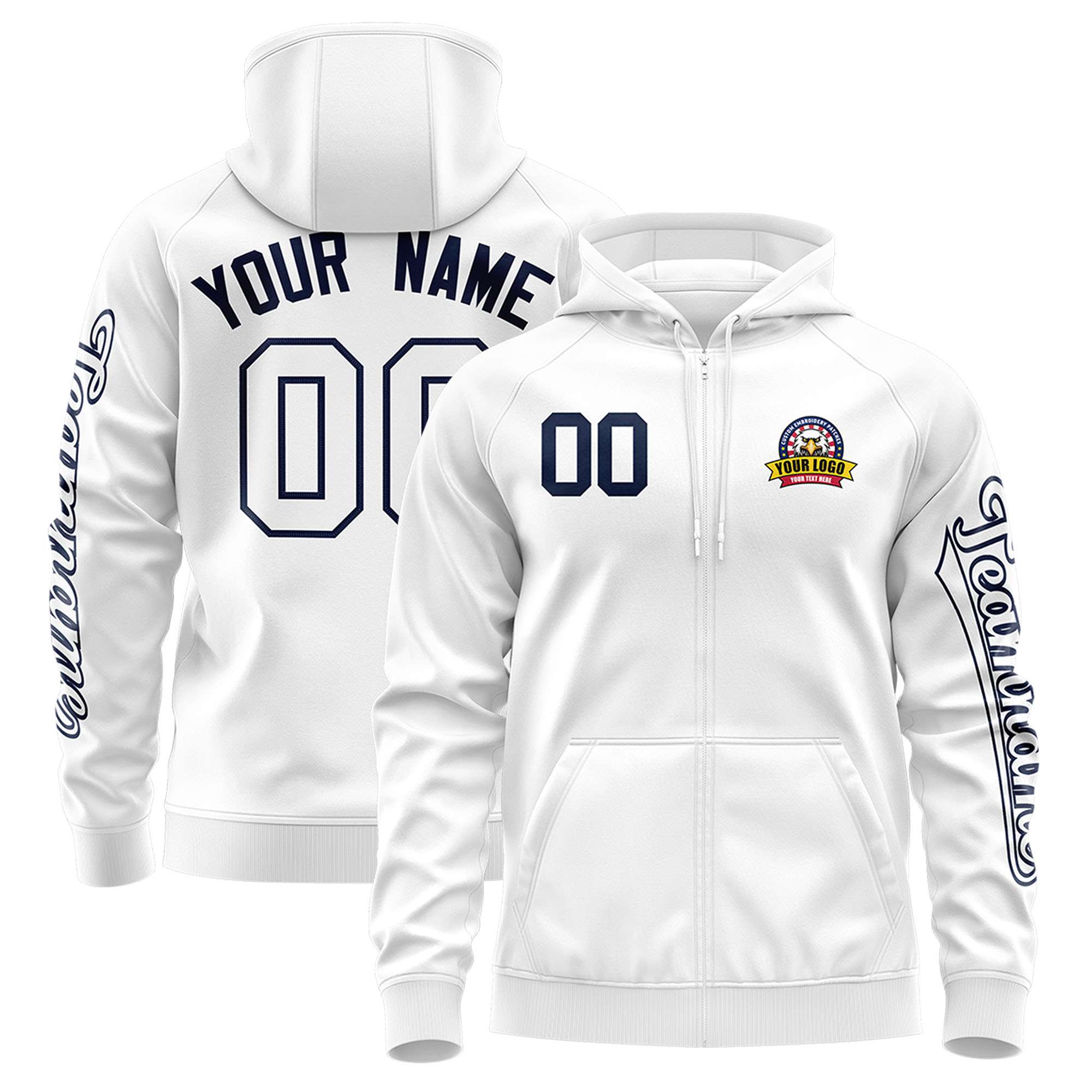 Custom White Navy Varsity Full-Zip Letterman Classic Hoodie Jacket