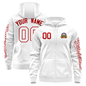 Custom White Red Varsity Full-Zip Letterman Classic Hoodie Jacket