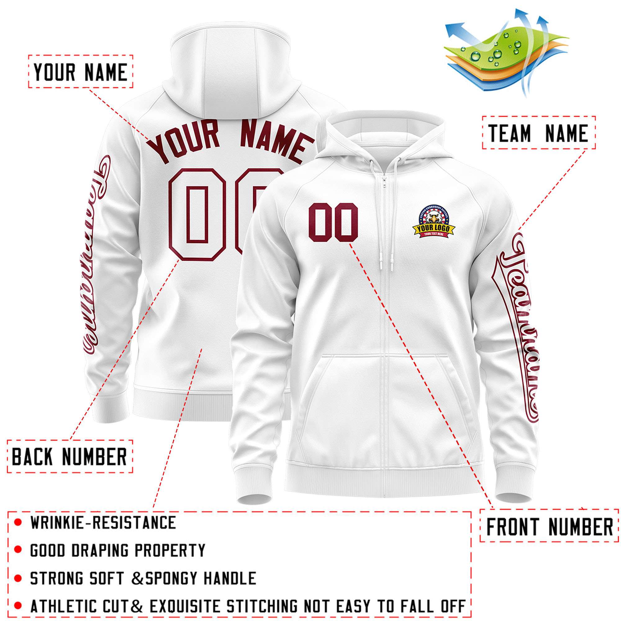 Custom White Crimson Varsity Full-Zip Letterman Classic Hoodie Jacket