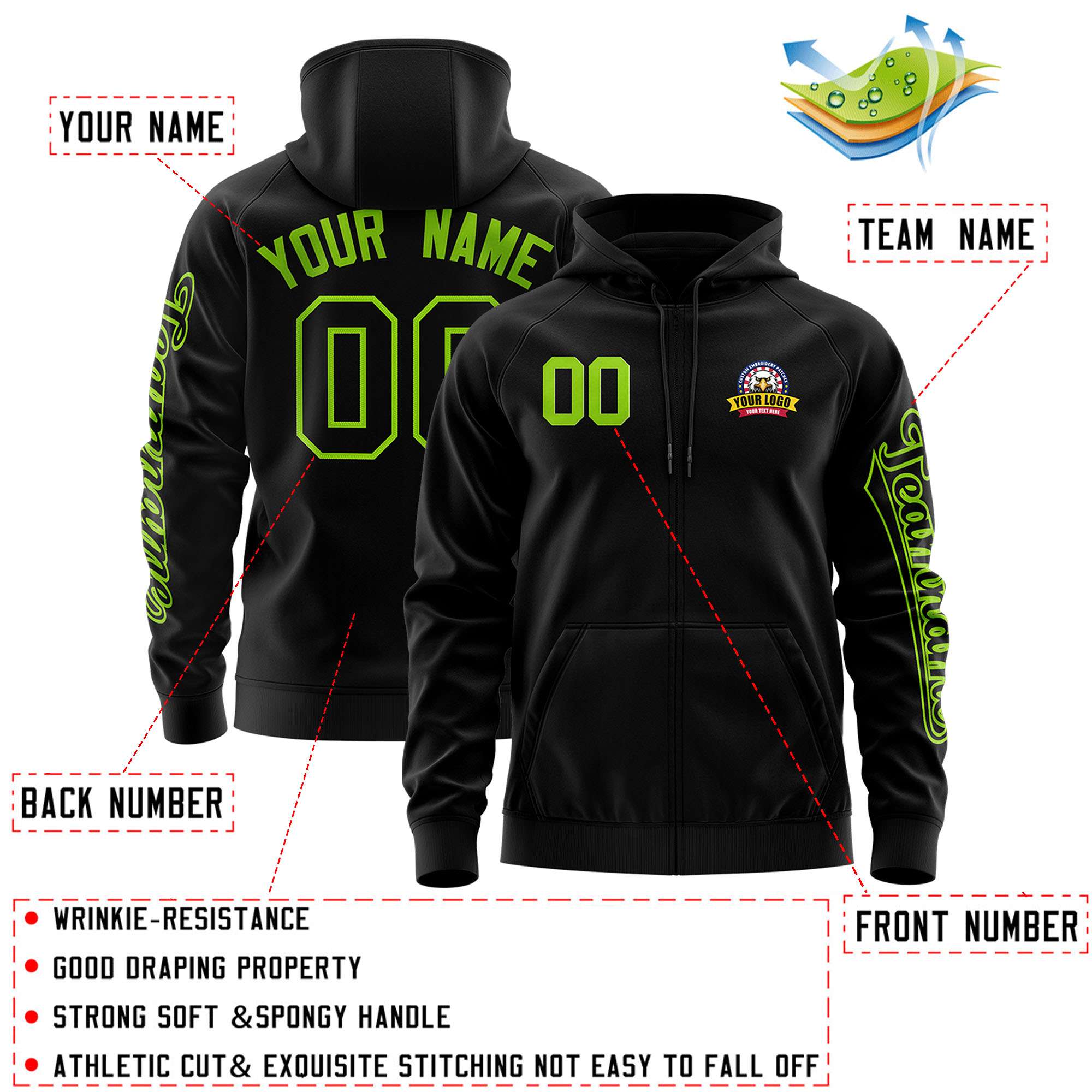 Custom Black Neon Green Varsity Full-Zip Letterman Classic Hoodie Jacket