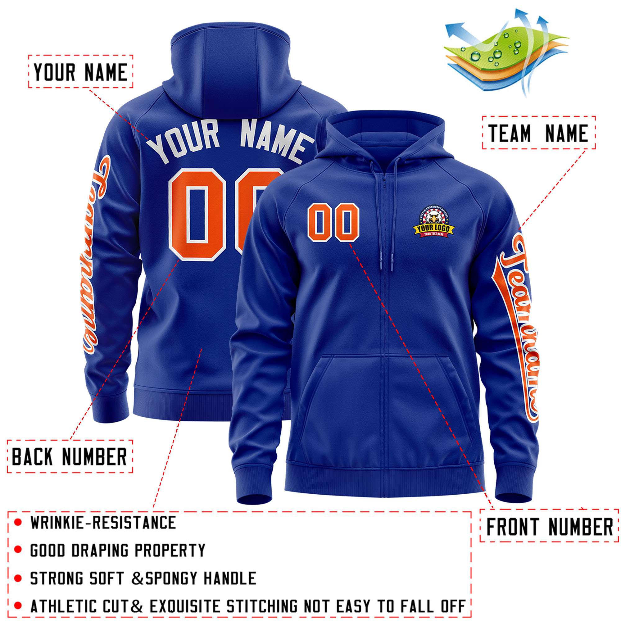 Custom Royal Orange Varsity Full-Zip Letterman Classic Hoodie Jacket