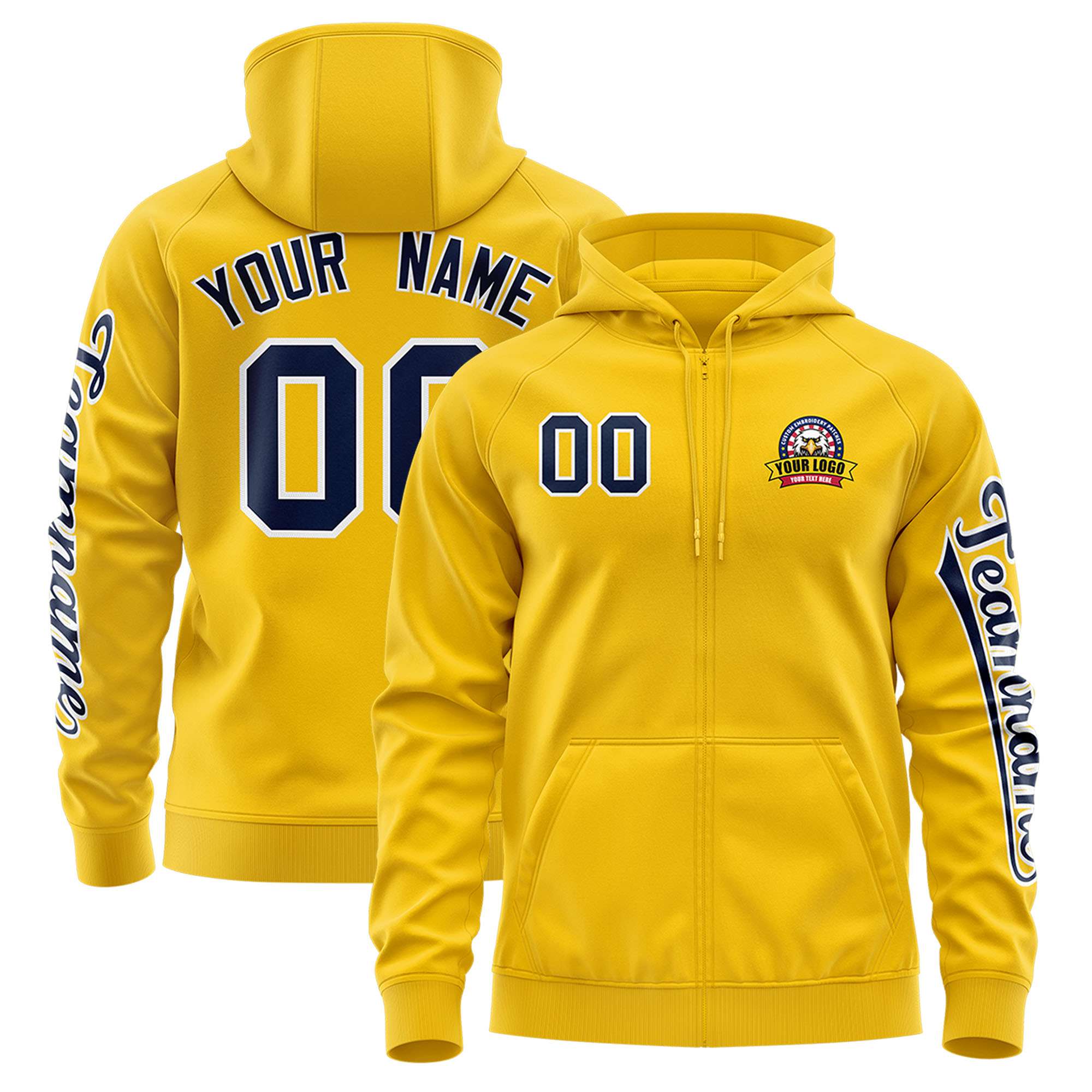 Custom Gold Navy Varsity Full-Zip Letterman Classic Hoodie Jacket