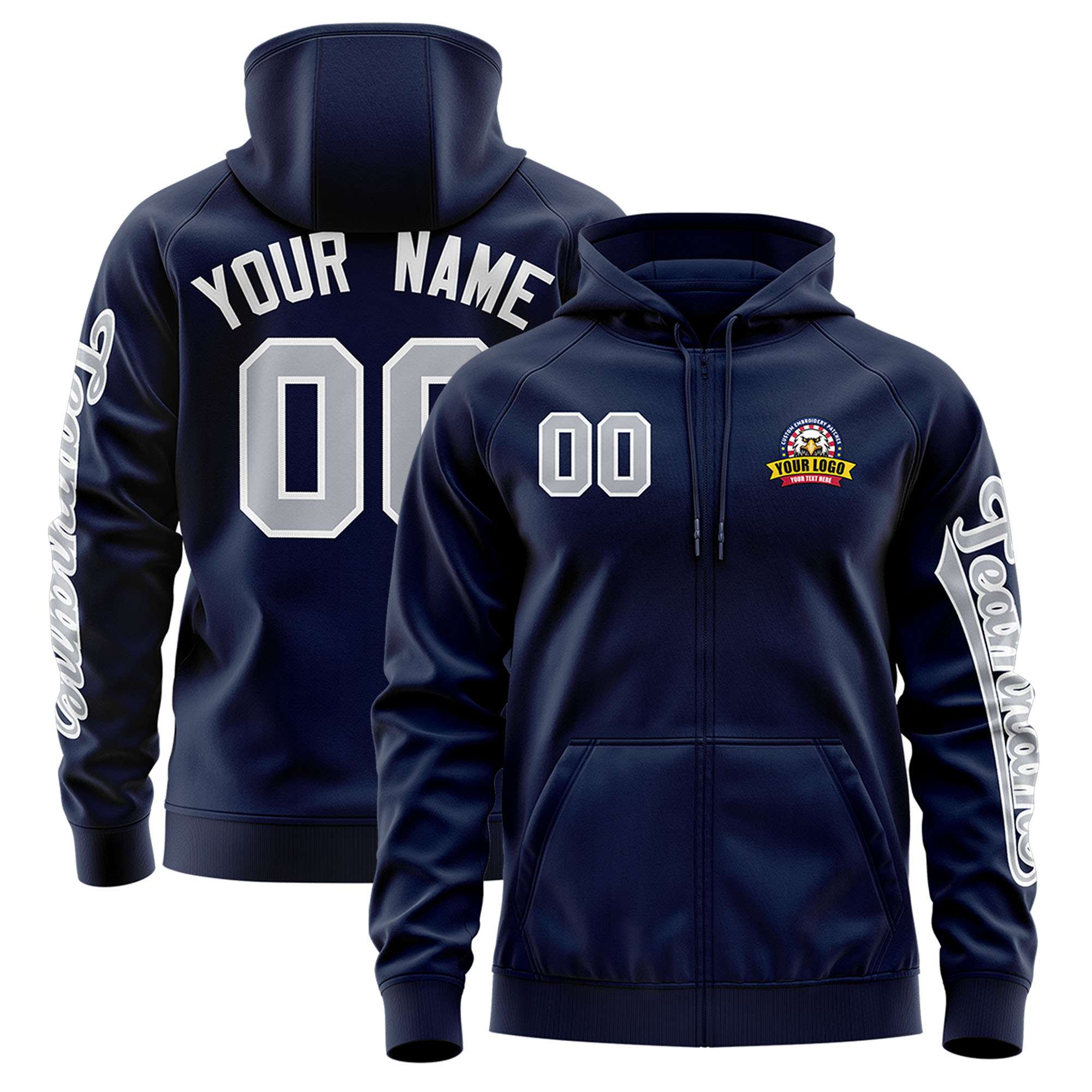 Custom Navy Gray Varsity Full-Zip Letterman Classic Hoodie Jacket