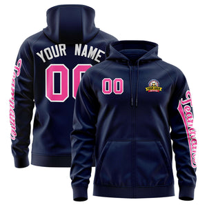 Custom Navy Pink Varsity Full-Zip Letterman Classic Hoodie Jacket