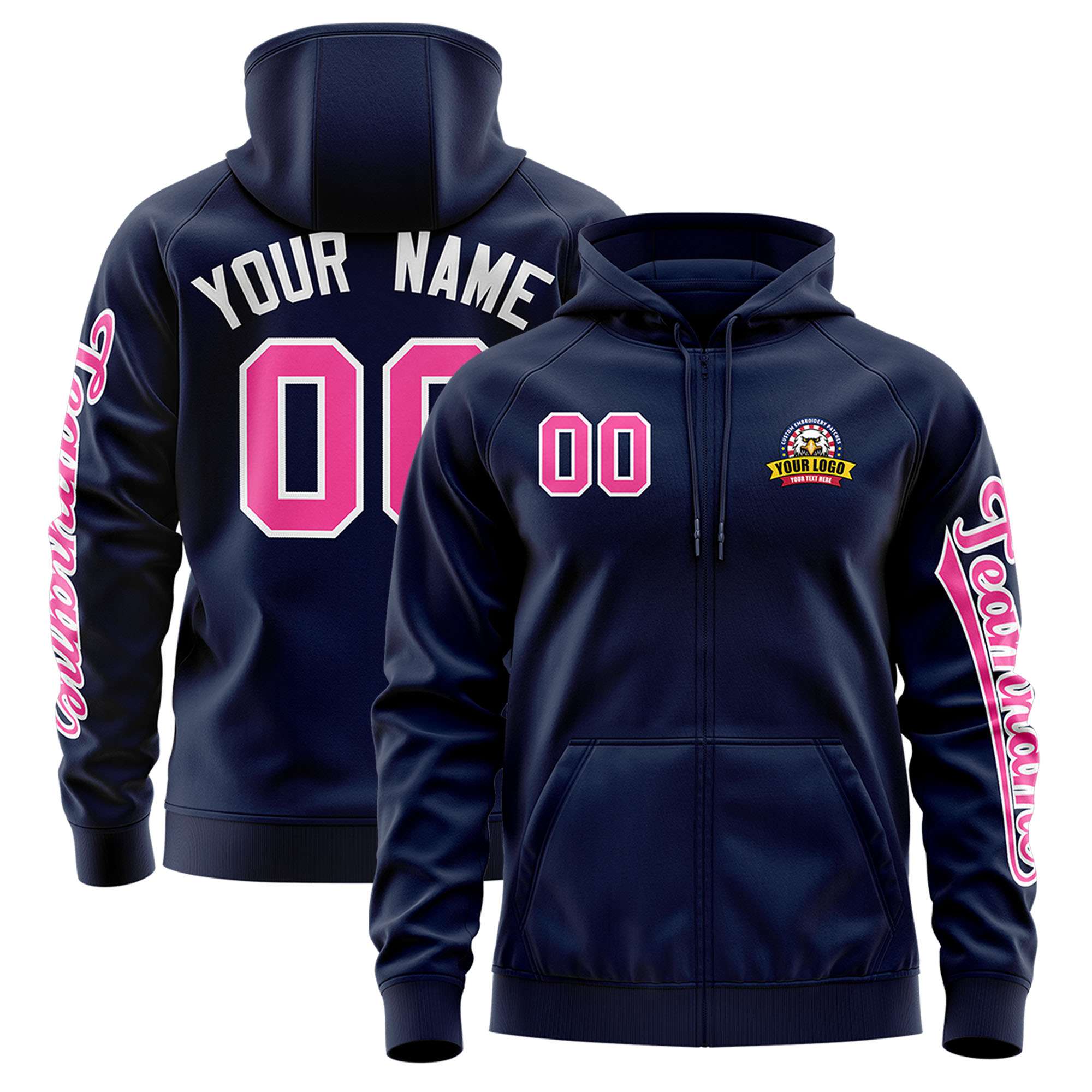 Custom Navy Pink Varsity Full-Zip Letterman Classic Hoodie Jacket