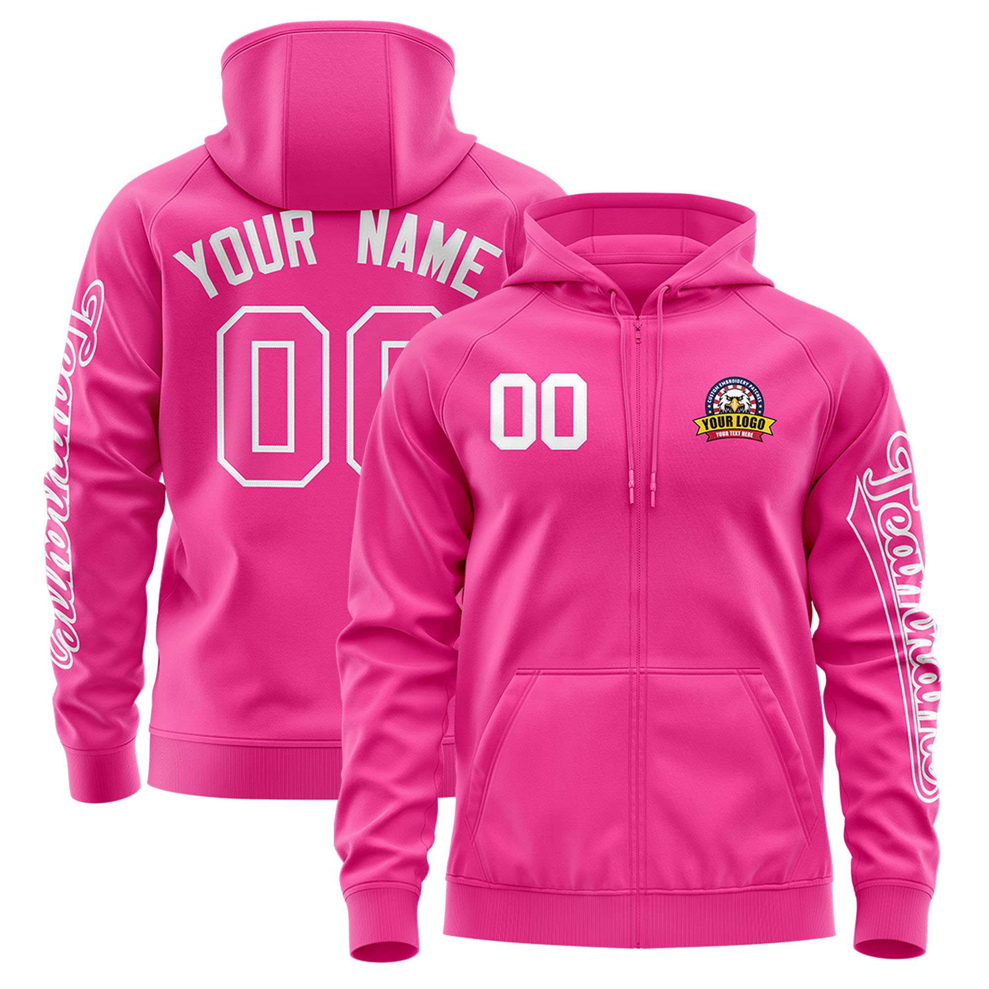 Custom Pink White Varsity Full-Zip Letterman Classic Hoodie Jacket