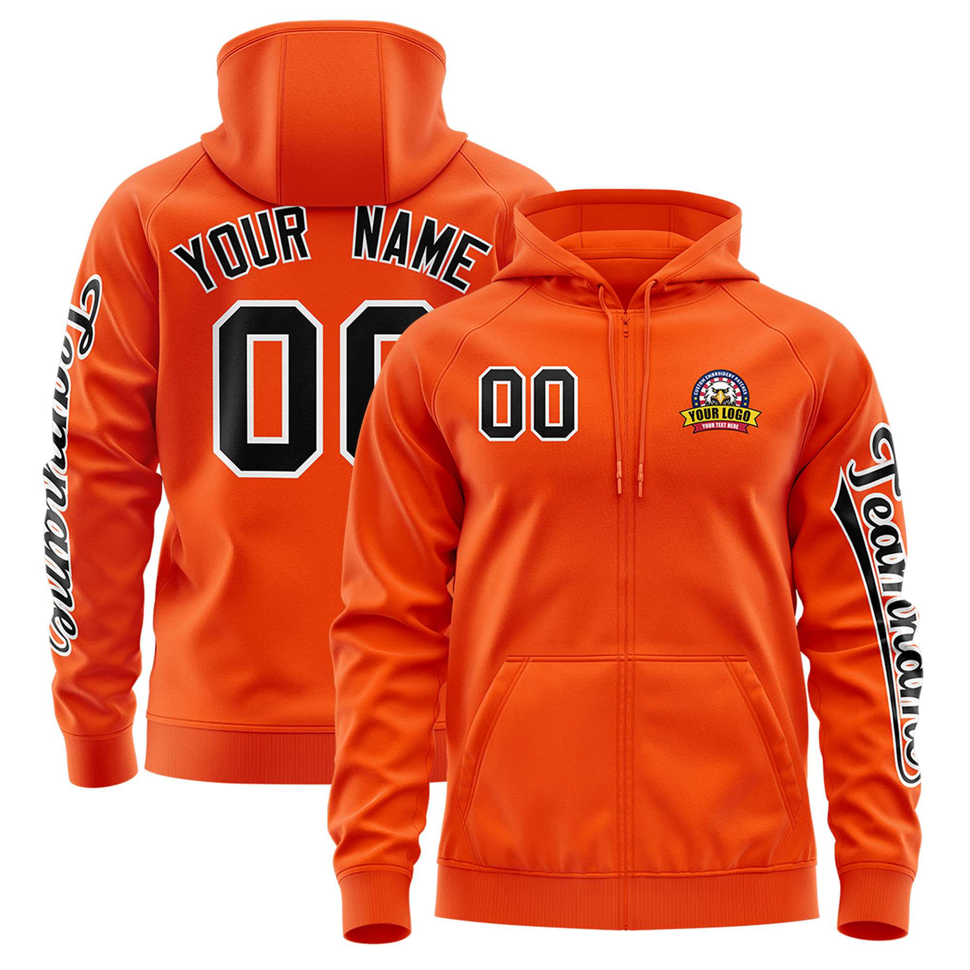 Custom Orange Black Varsity Full-Zip Letterman Classic Hoodie Jacket