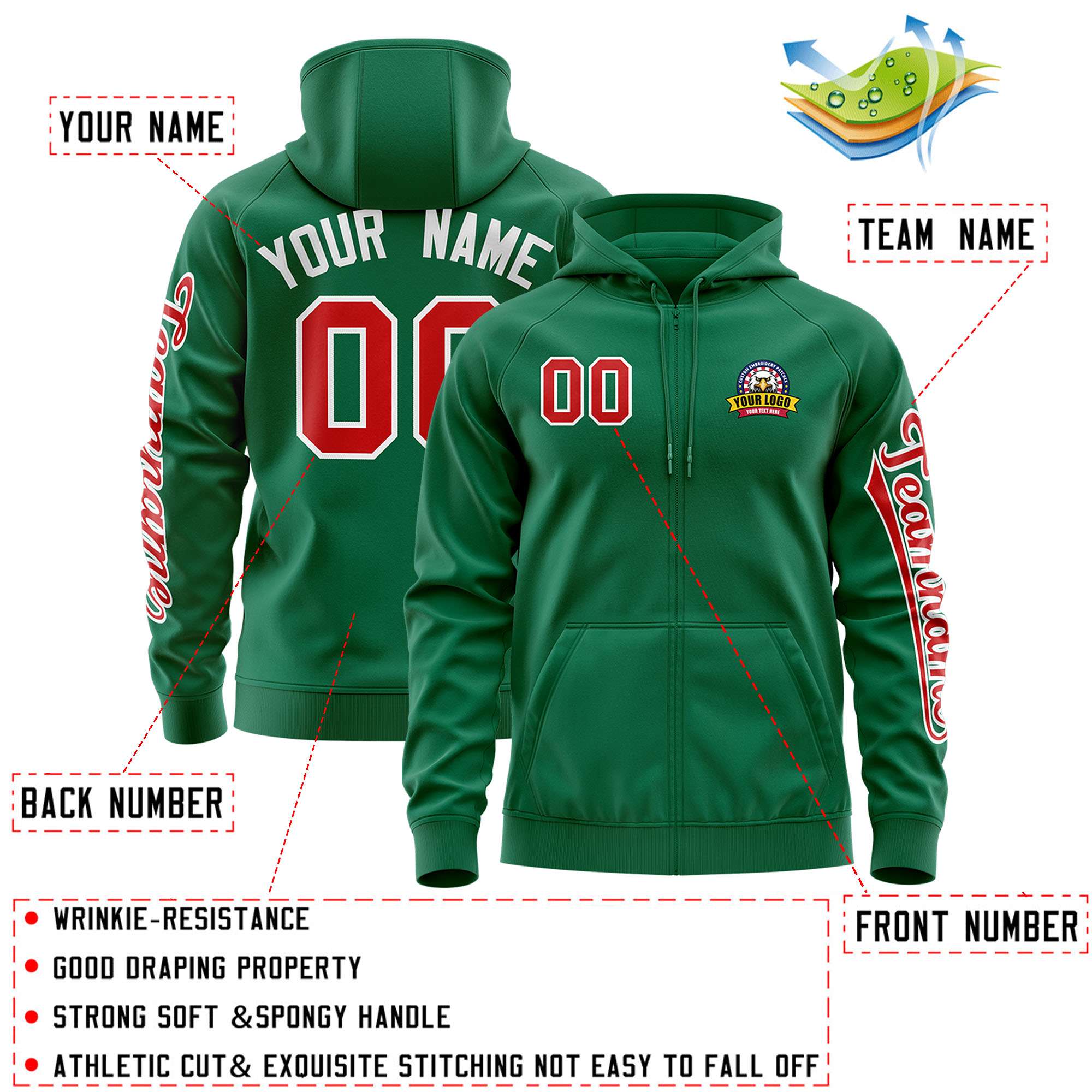 Custom Kelly Green Red Varsity Full-Zip Letterman Classic Hoodie Jacket