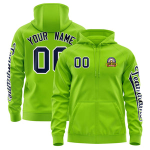 Custom Neon Green Navy Varsity Full-Zip Letterman Classic Hoodie Jacket