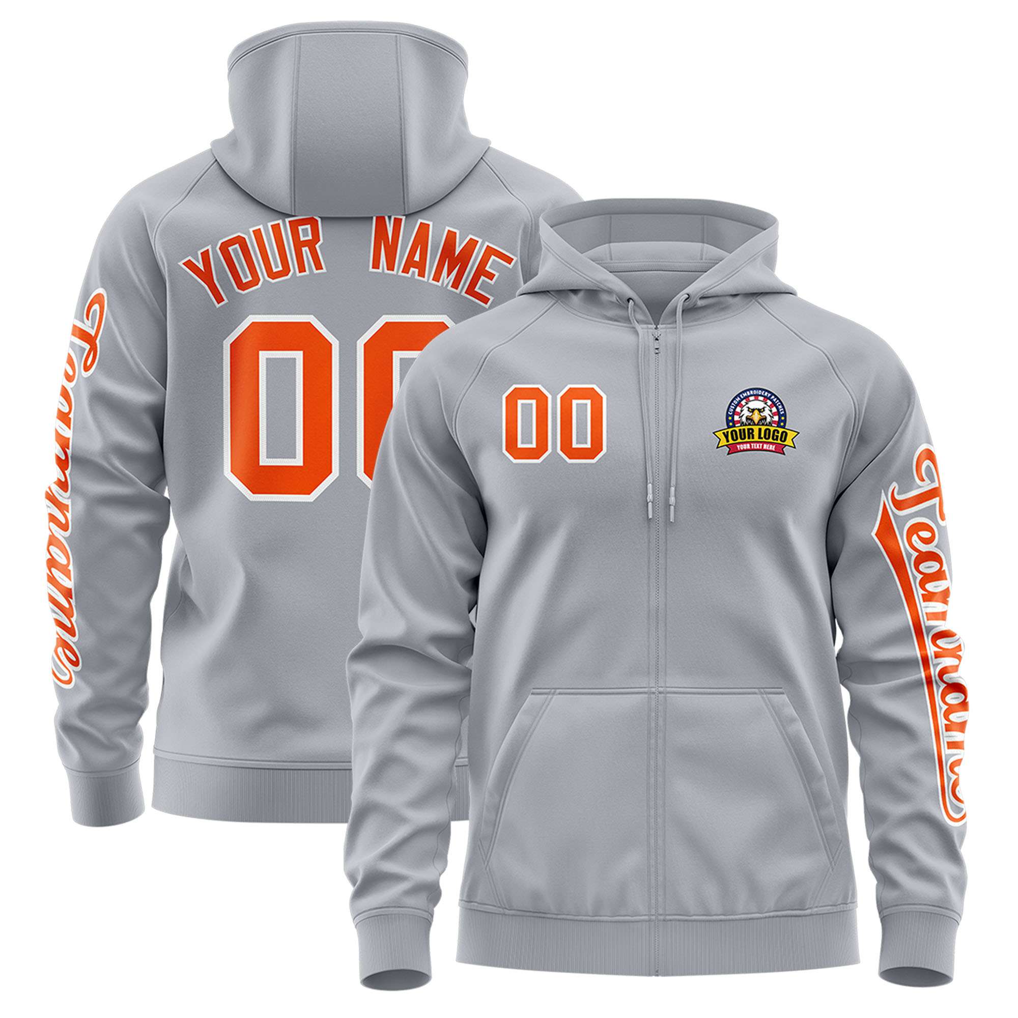 Custom Gray Orange Varsity Full-Zip Letterman Classic Hoodie Jacket