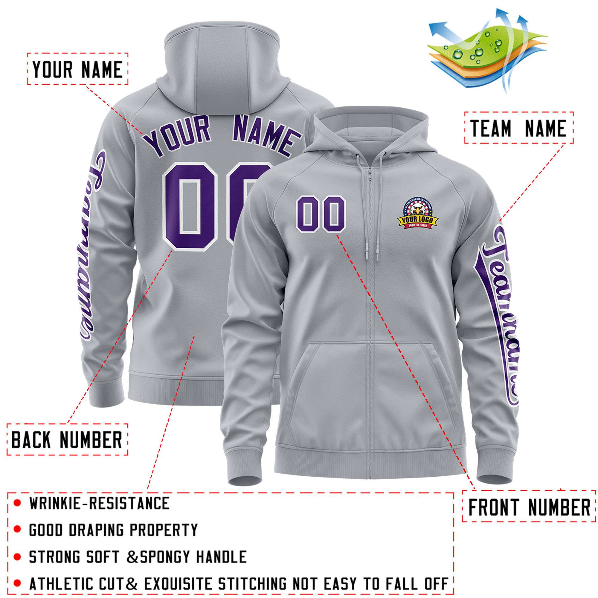 Custom Gray Purple Varsity Full-Zip Letterman Classic Hoodie Jacket