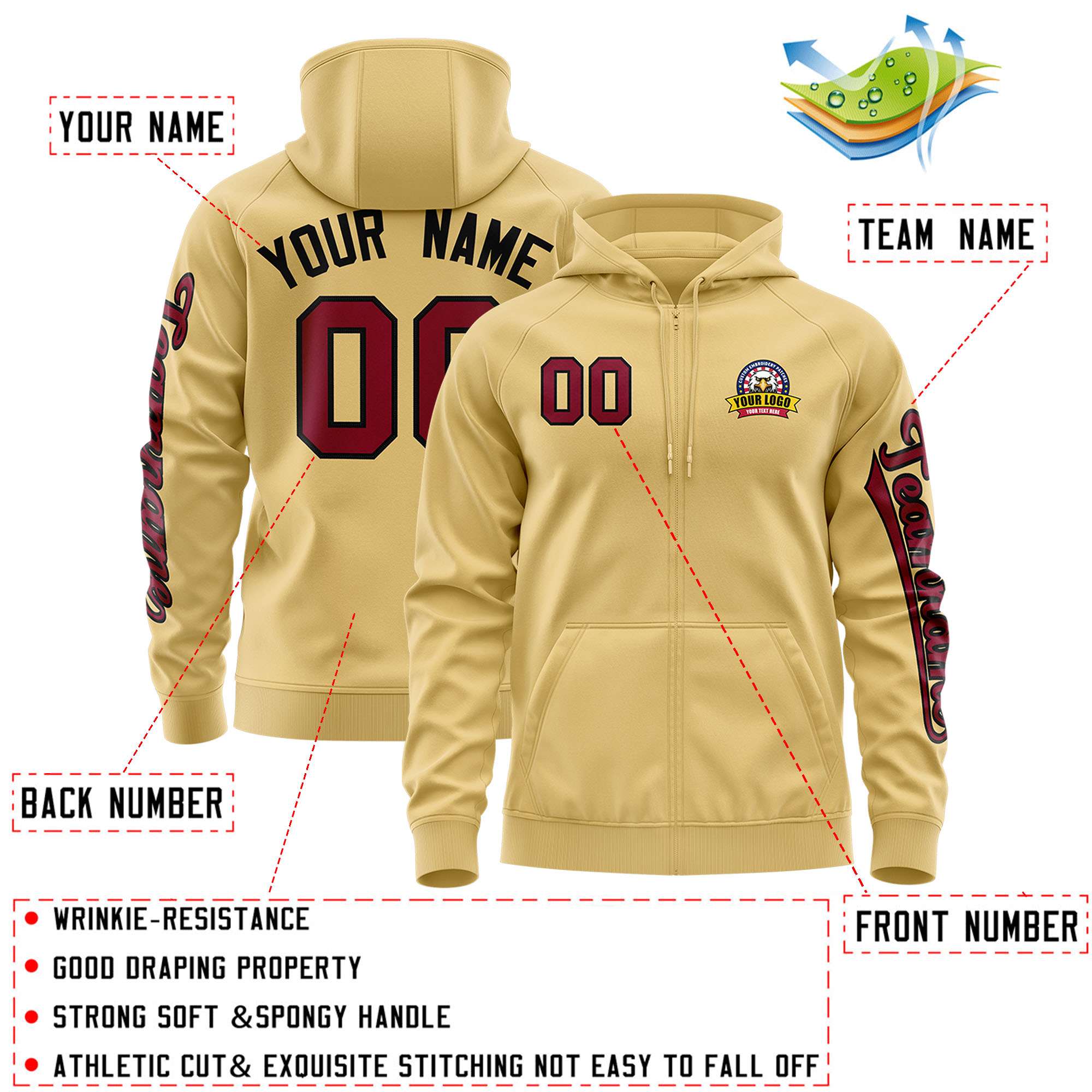 Custom Khaki Crimson Varsity Full-Zip Letterman Classic Hoodie Jacket