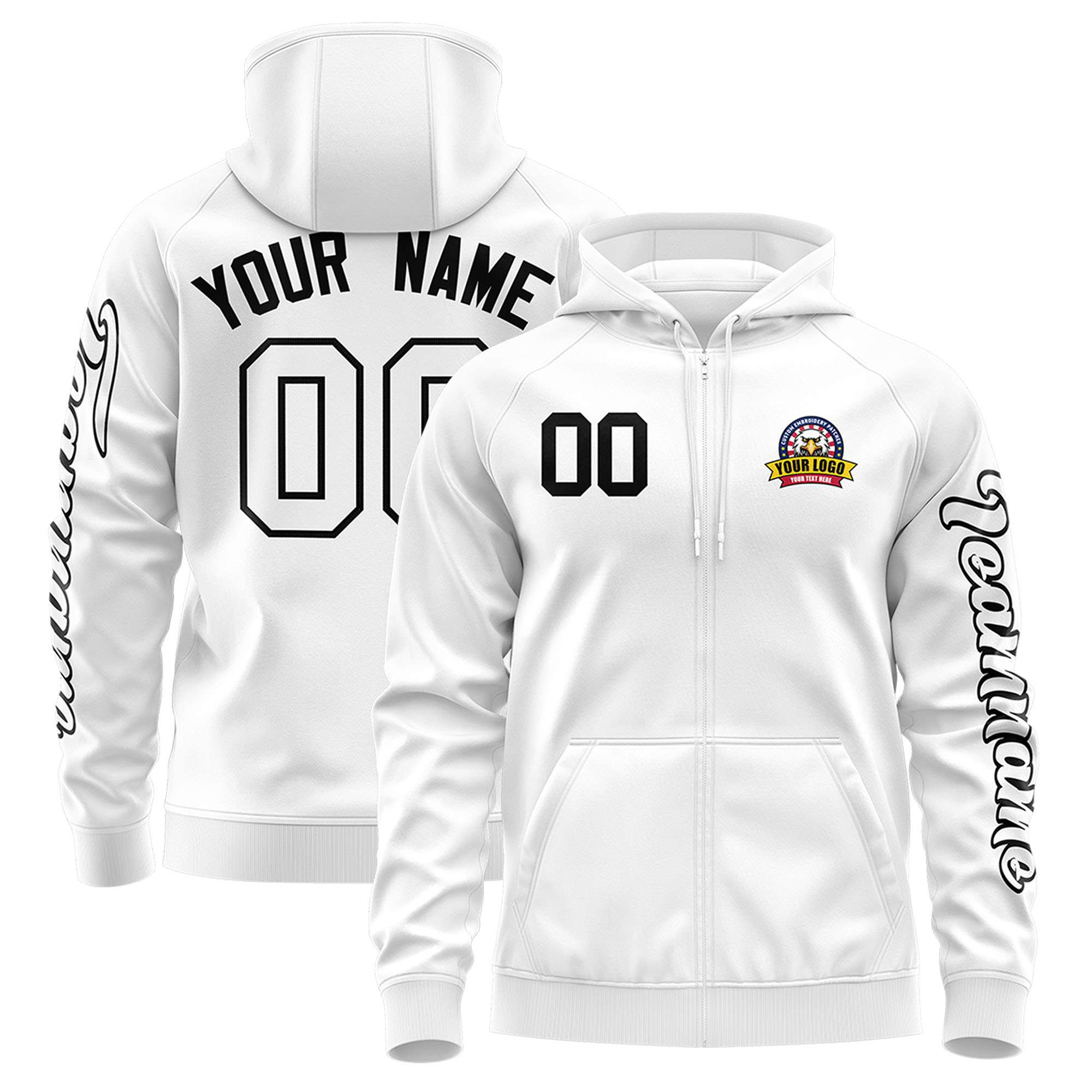 Custom White Black Varsity Full-Zip Letterman Classic Hoodie Jacket