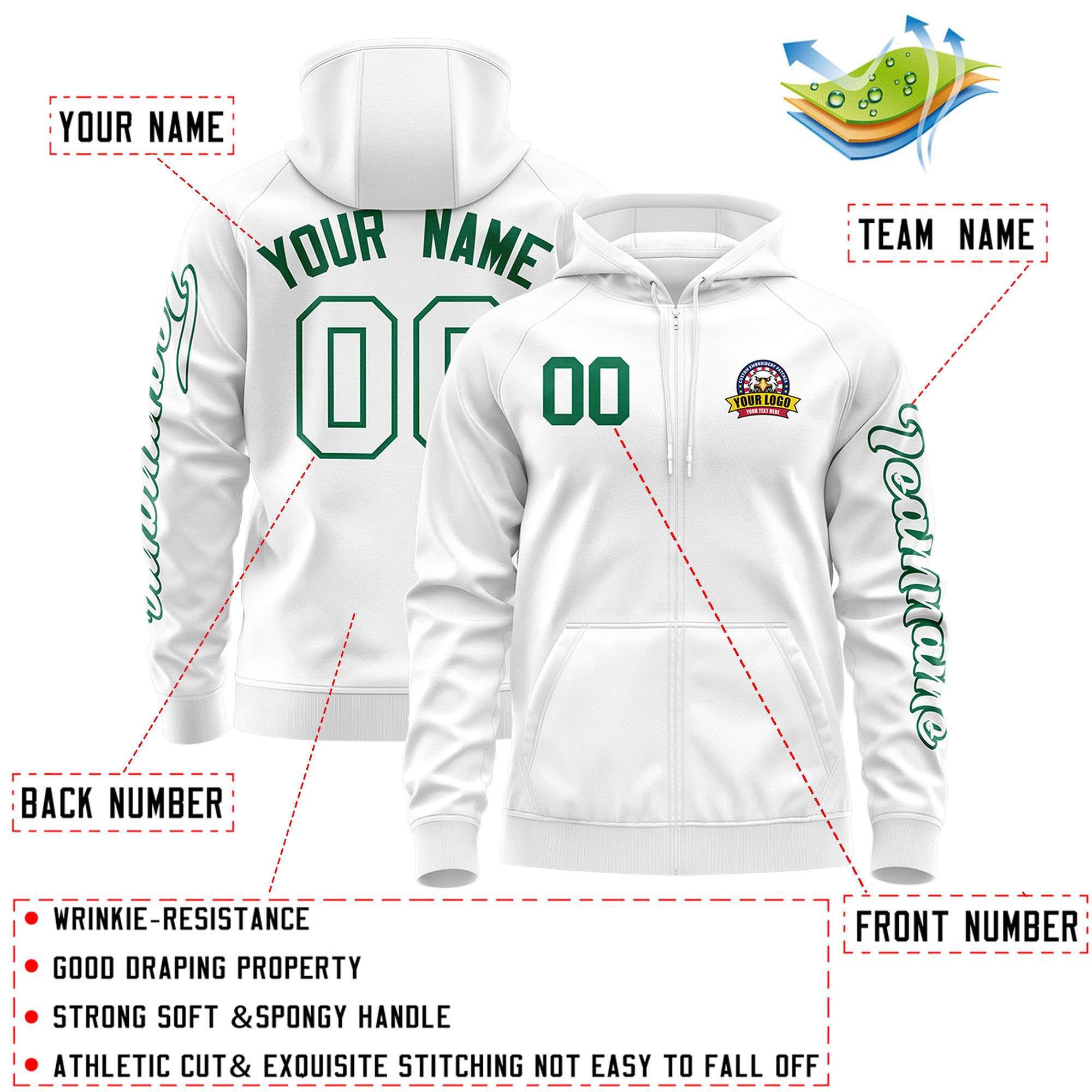 Custom White Kelly Green Varsity Full-Zip Letterman Classic Hoodie Jacket