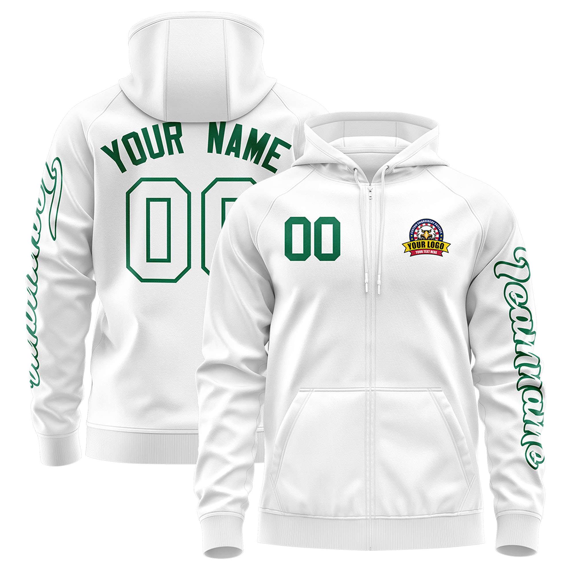 Custom White Kelly Green Varsity Full-Zip Letterman Classic Hoodie Jacket