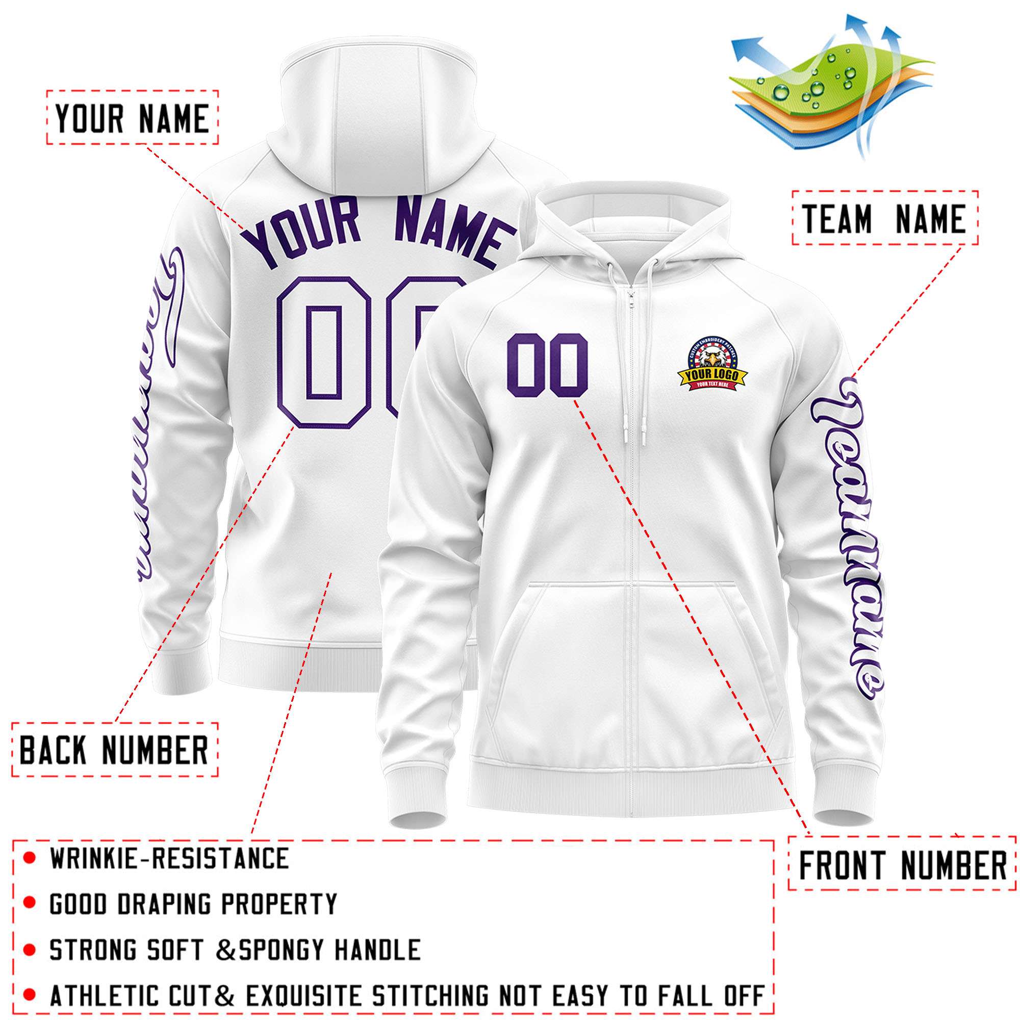 Custom White Purple Varsity Full-Zip Letterman Classic Hoodie Jacket