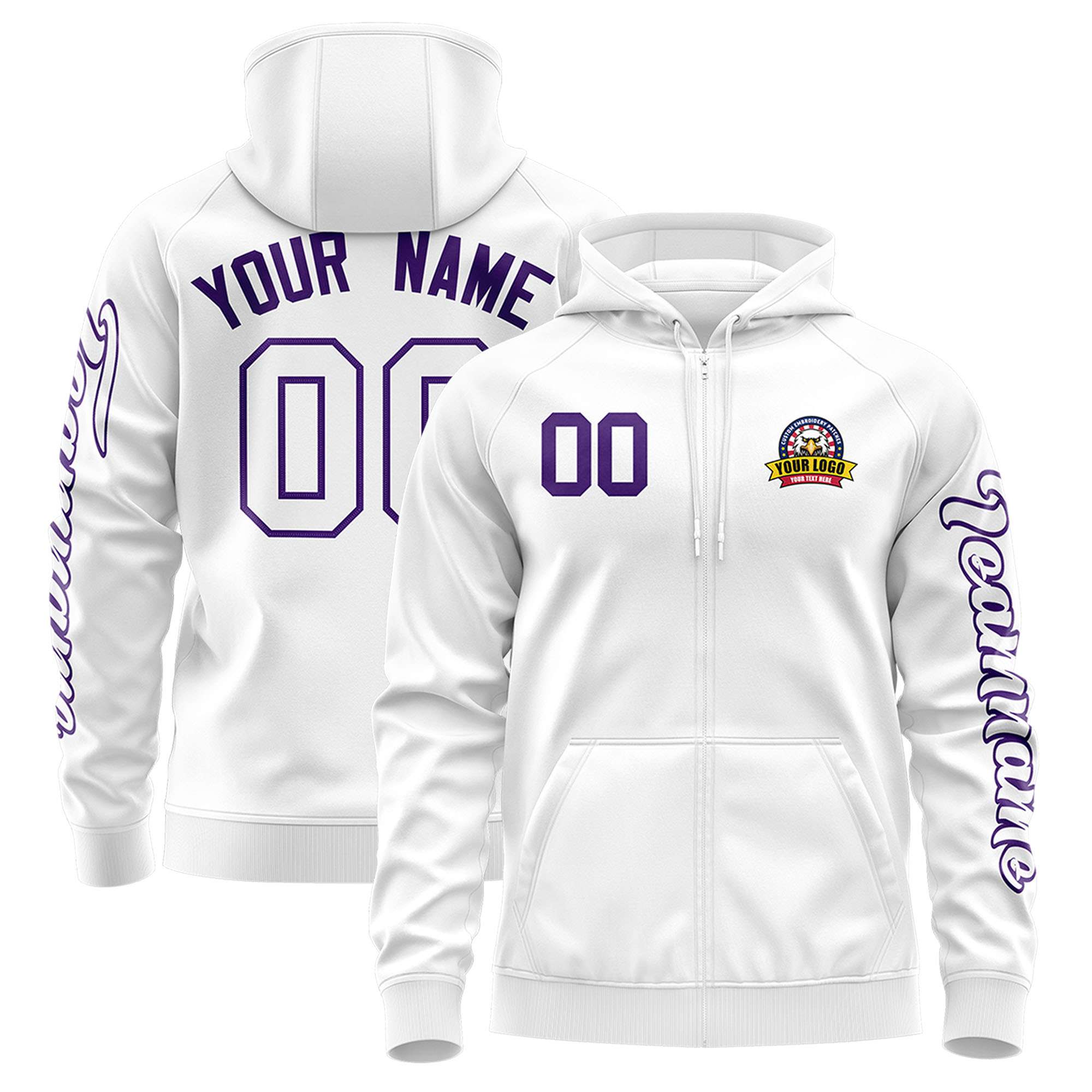 Custom White Purple Varsity Full-Zip Letterman Classic Hoodie Jacket