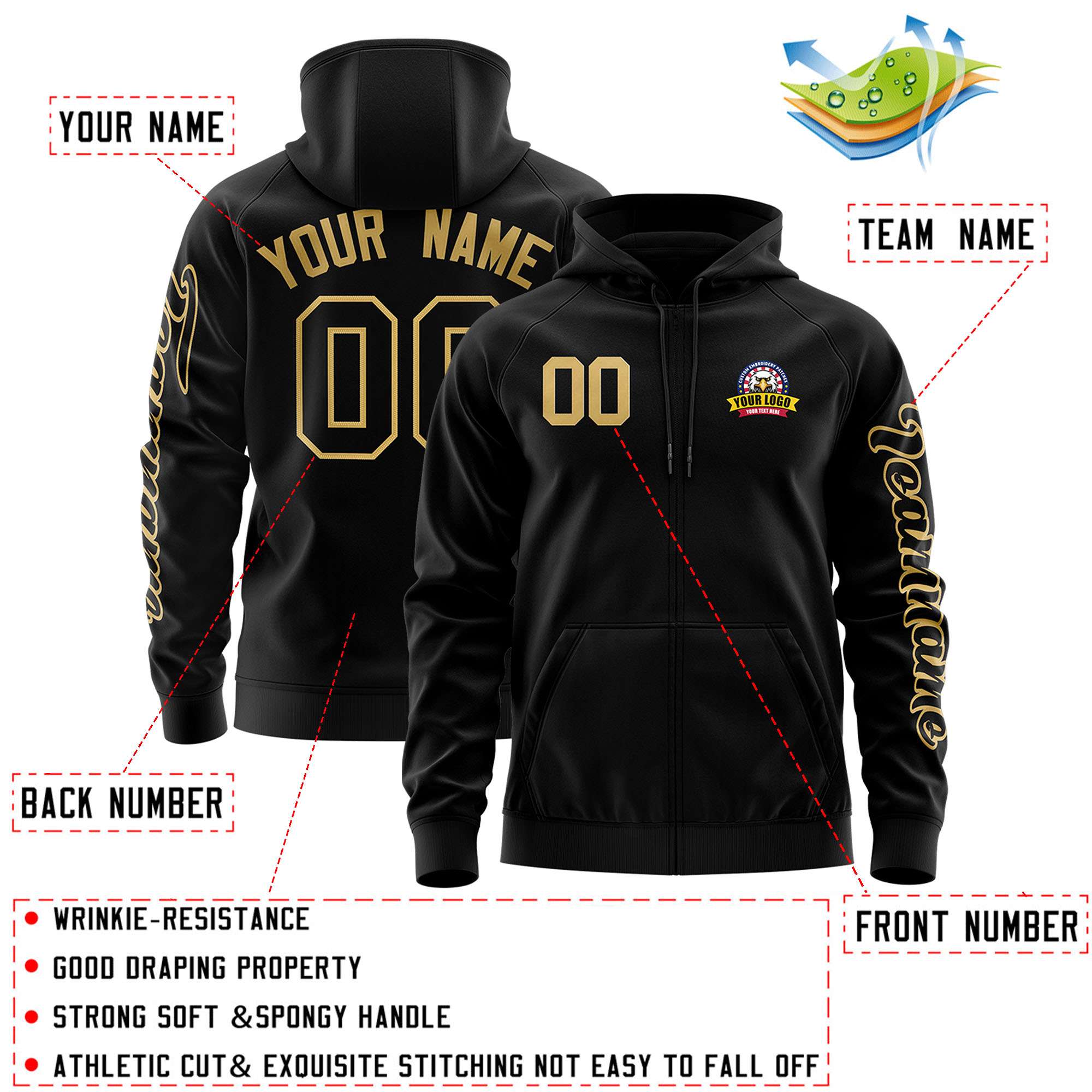 Custom Black Old Gold Varsity Full-Zip Letterman Classic Hoodie Jacket