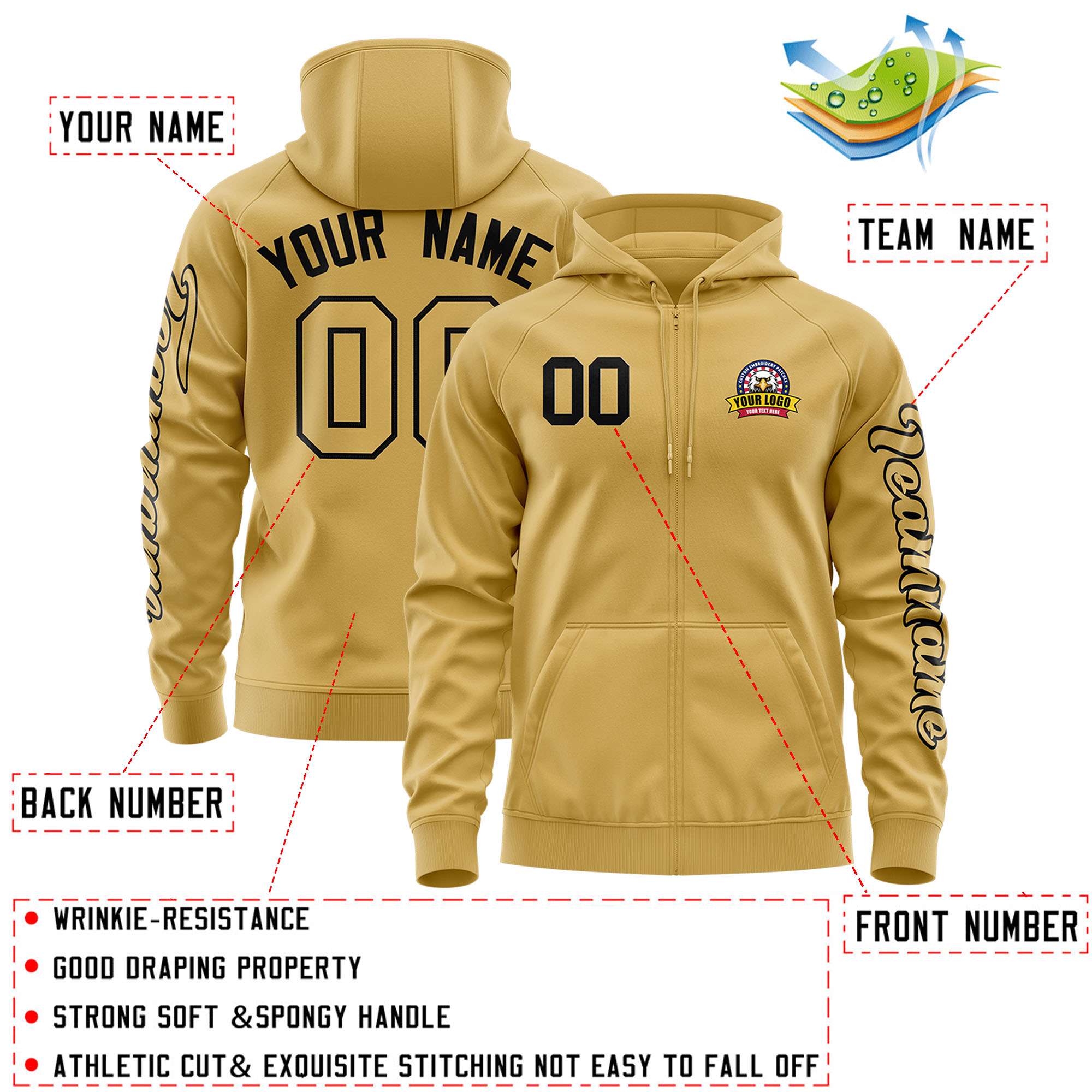 Custom Old Gold Black Varsity Full-Zip Letterman Classic Hoodie Jacket