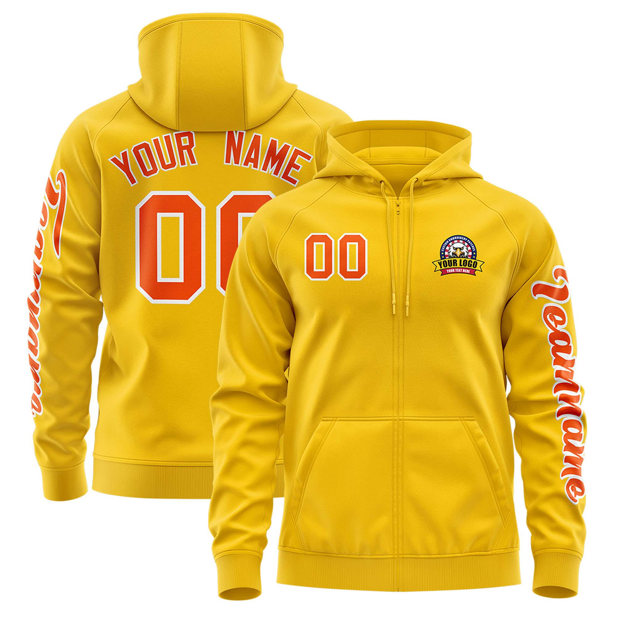 Custom Gold Orange Varsity Full-Zip Letterman Classic Hoodie Jacket