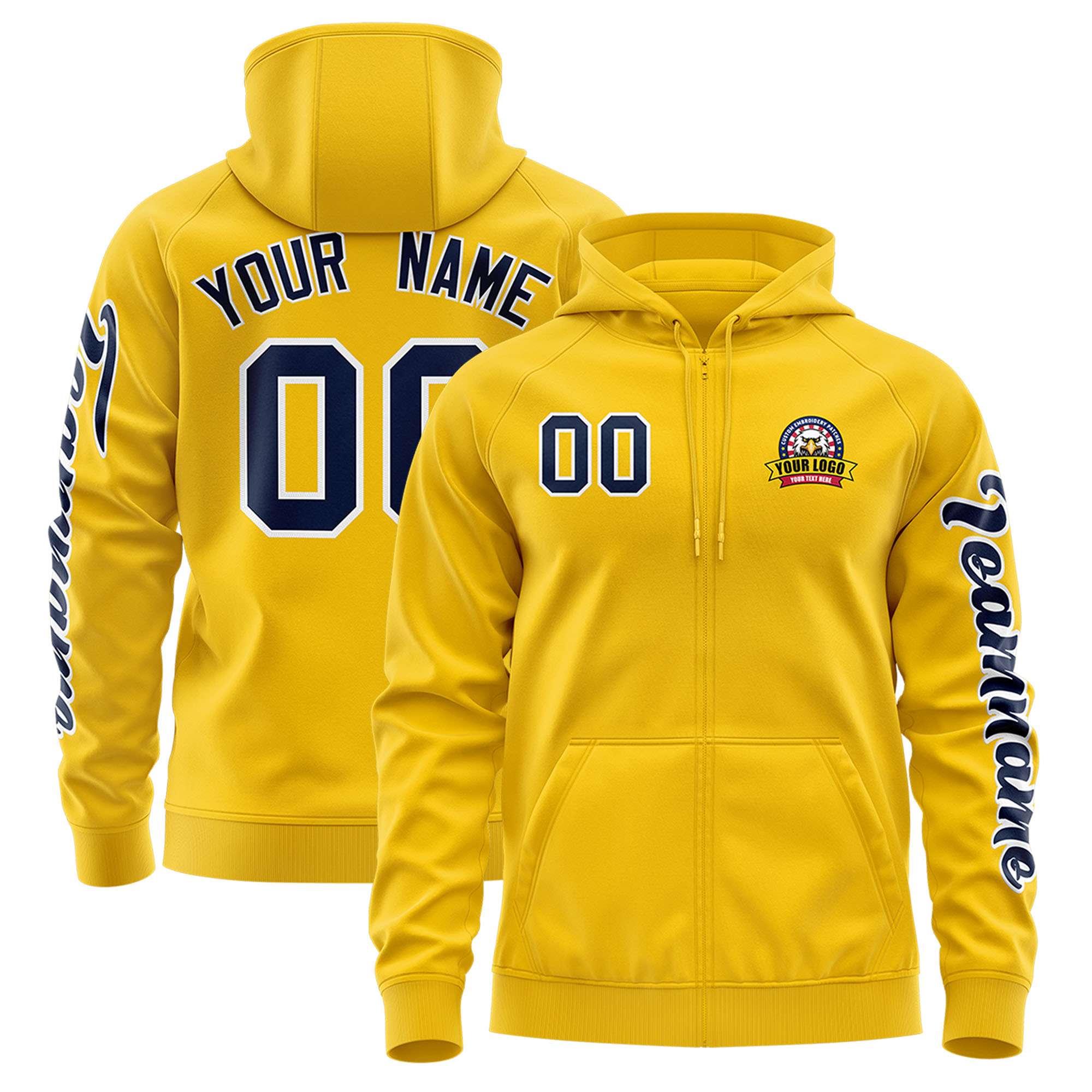 Custom Gold Navy Varsity Full-Zip Letterman Classic Hoodie Jacket