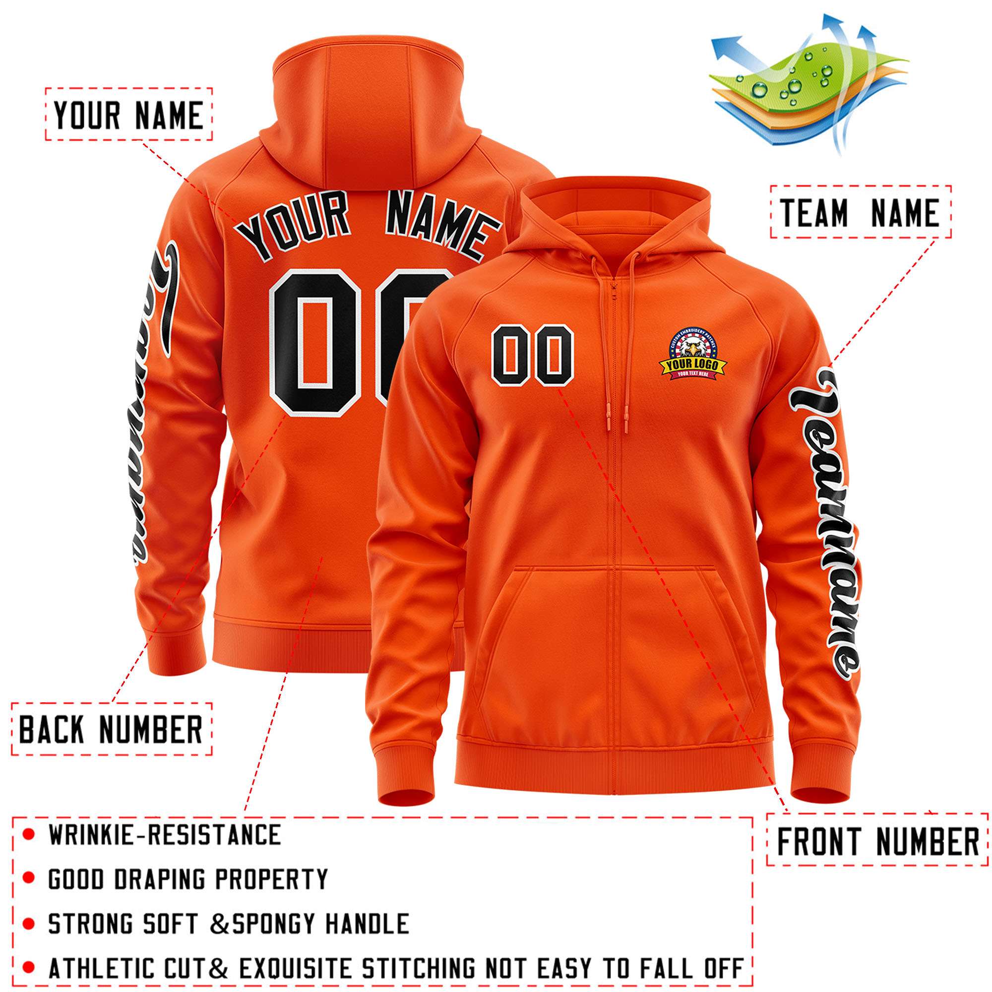 Custom Orange Black Varsity Full-Zip Letterman Classic Hoodie Jacket