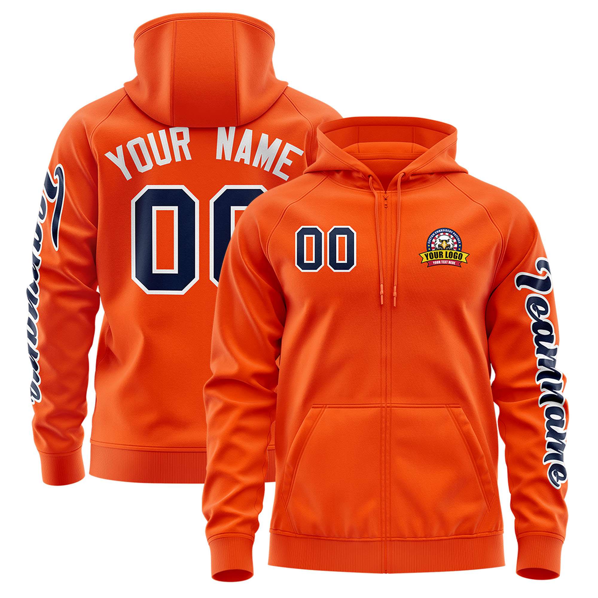 Custom Orange Navy Varsity Full-Zip Letterman Classic Hoodie Jacket