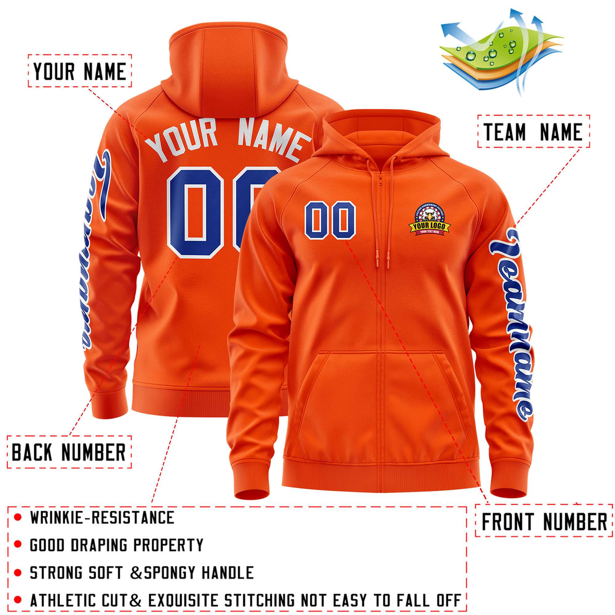 Custom Orange Royal Varsity Full-Zip Letterman Classic Hoodie Jacket