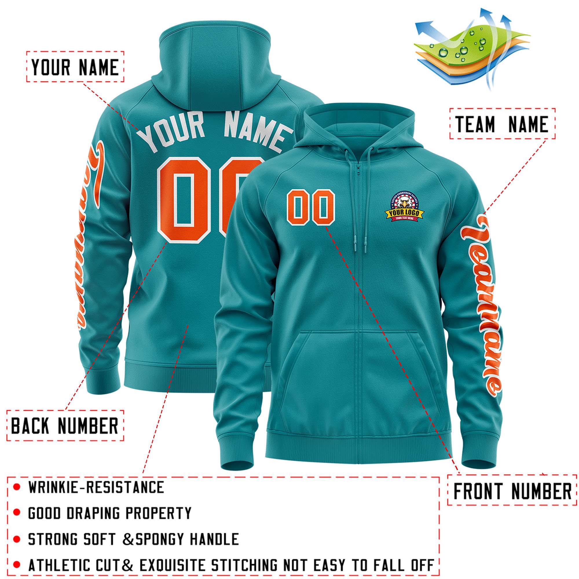 Custom Aqua Orange Varsity Full-Zip Letterman Classic Hoodie Jacket