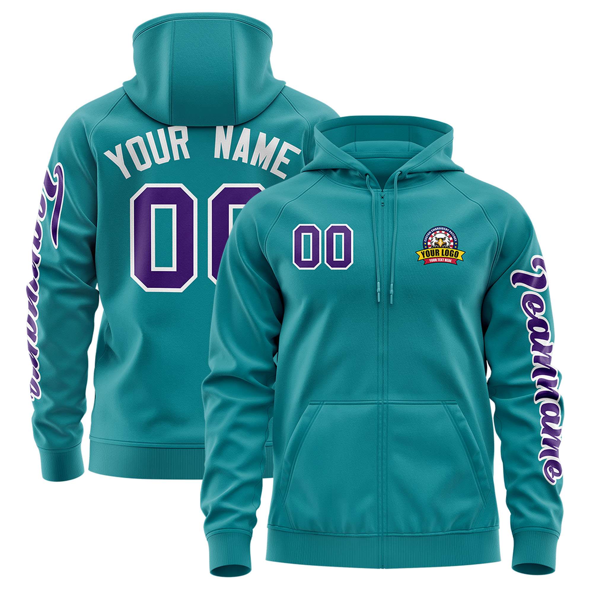 Custom Aqua Purple Varsity Full-Zip Letterman Classic Hoodie Jacket