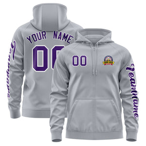 Custom Gray Purple Varsity Full-Zip Letterman Classic Hoodie Jacket