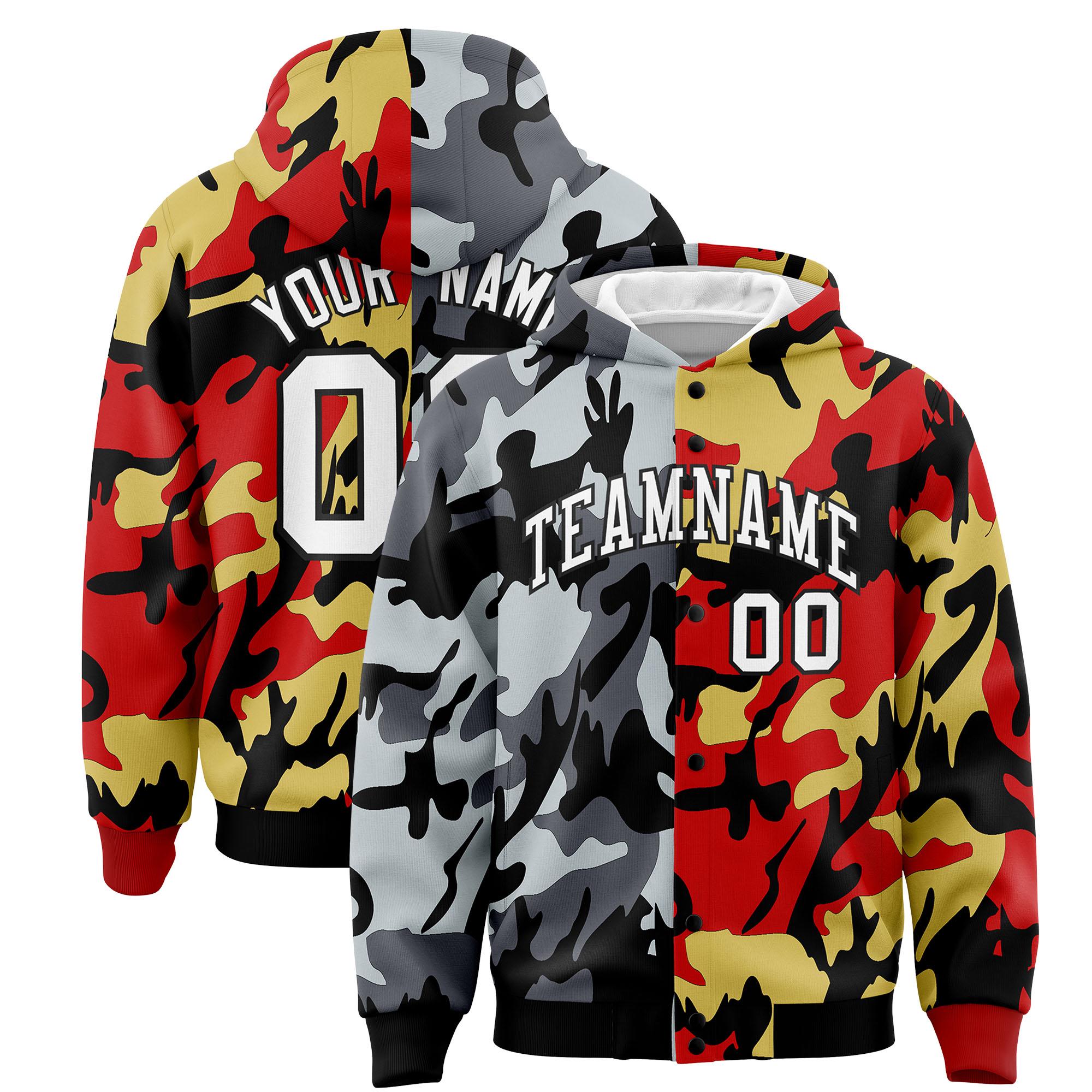 Custom Black Red Full-Snap Varsity Two Tone Personalized Letterman Camo Hoodie Jacket